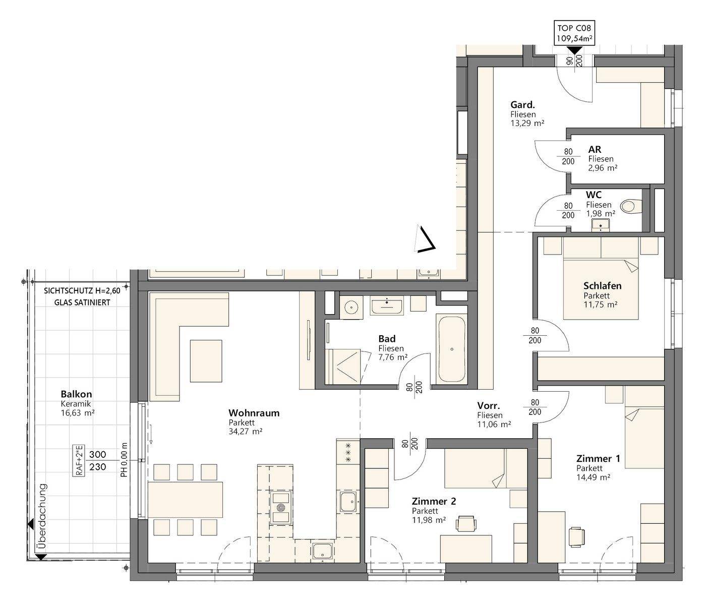 Detaillierter Grundriss einer Wohnung mit Wohnraum, drei Schlafzimmern, Bad, WC und Balkon.