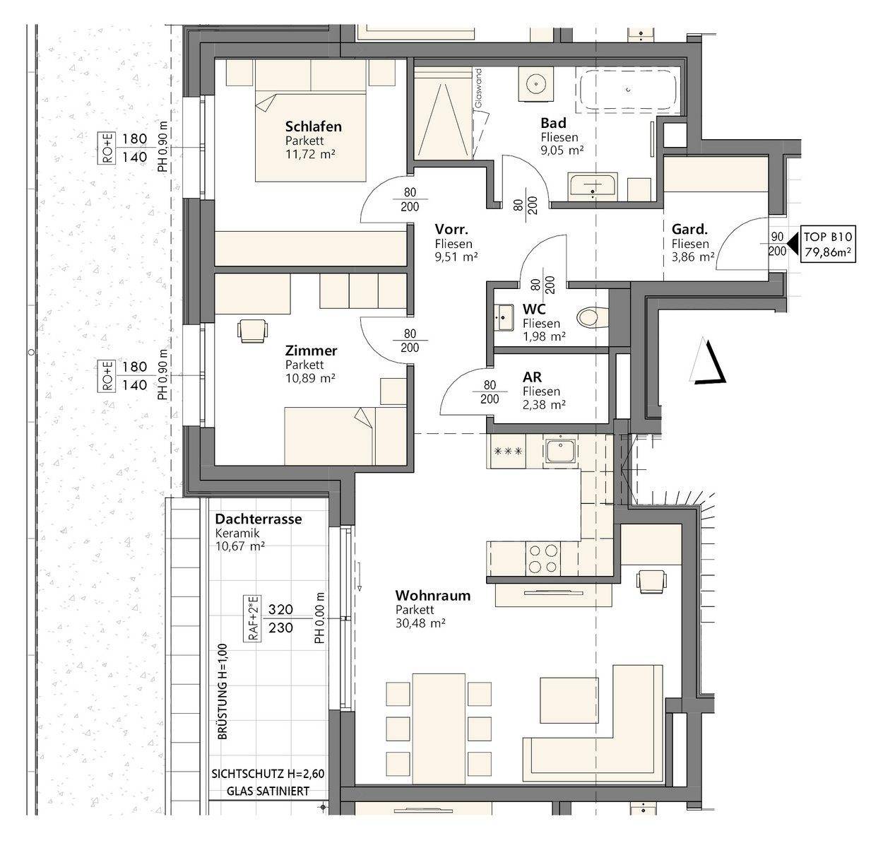 Detaillierter Grundriss mit Schlafzimmer, Wohnraum, Bad und großer Dachterrasse.