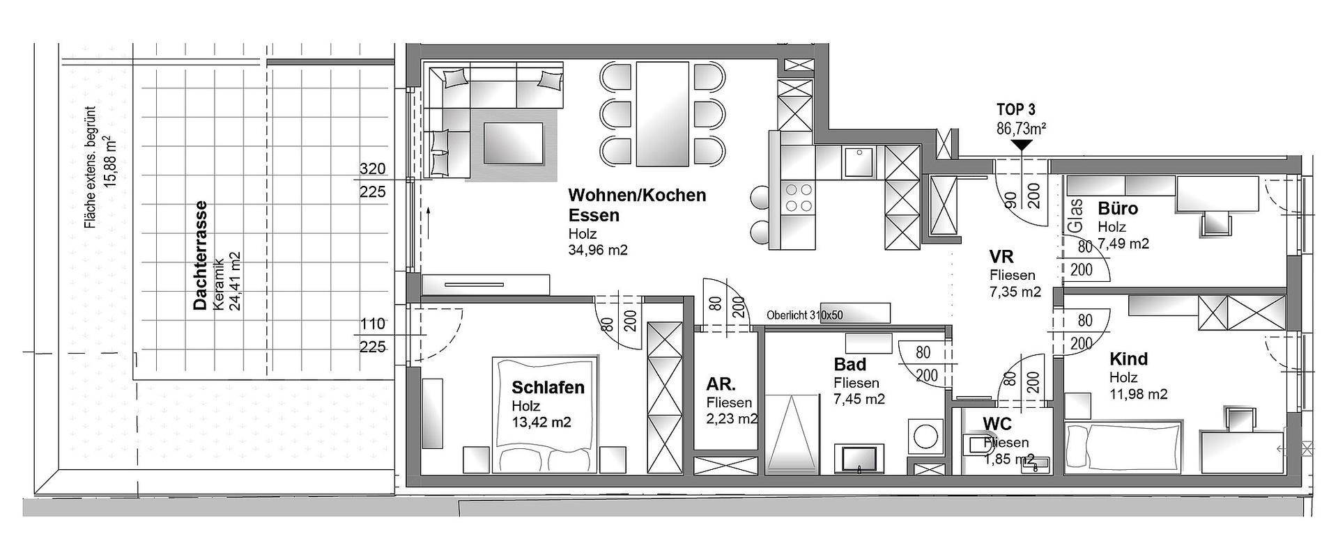 Grundriss einer Wohnung mit offenem Wohnbereich, drei Zimmern und großer Dachterrasse.