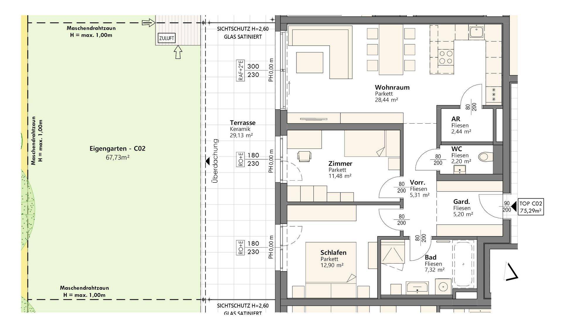 Detaillierter Grundriss einer Wohnung mit drei Zimmern, offener Wohnküche, Terrasse und eigenem Garten.