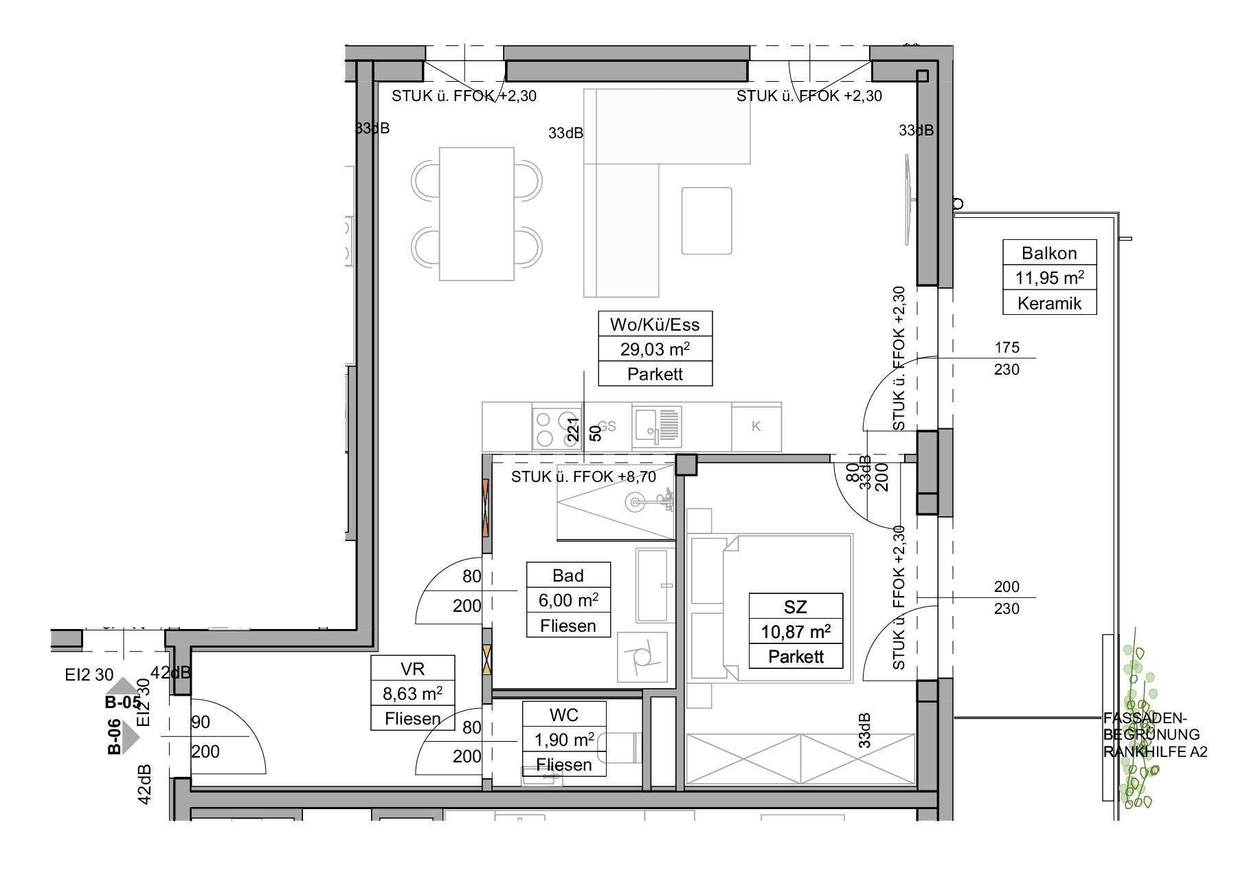 Grundriss einer Wohnung mit offenem Wohn-Essbereich, Schlafzimmer, Bad und einem Balkon.