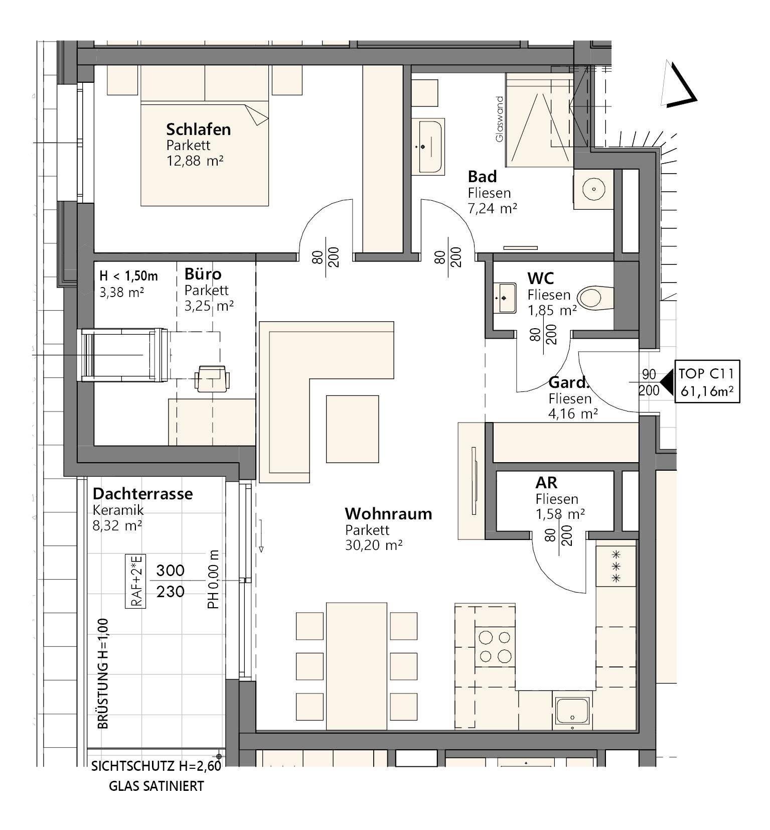 Detaillierter Grundriss einer Wohnung mit Schlafzimmer, Büro, Bad und Dachterrasse.