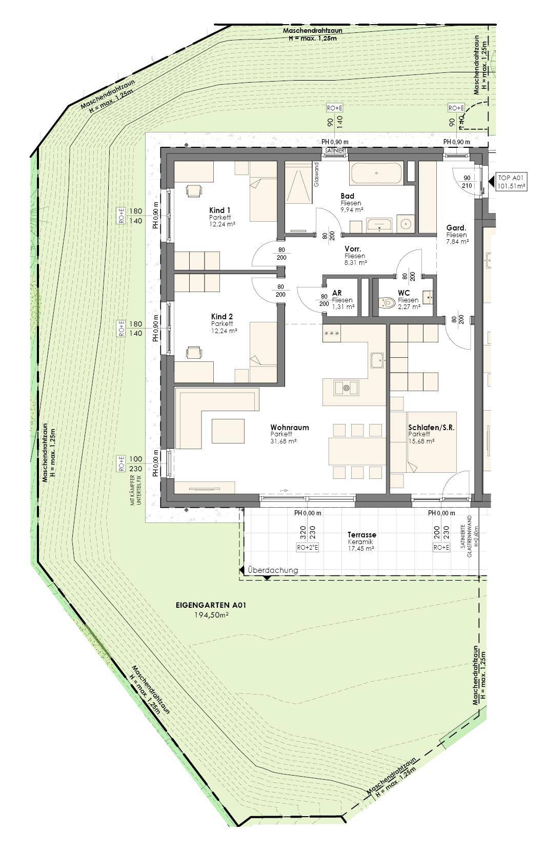 Grundriss einer Erdgeschosswohnung mit drei Zimmern, Terrasse und eigenem Garten.