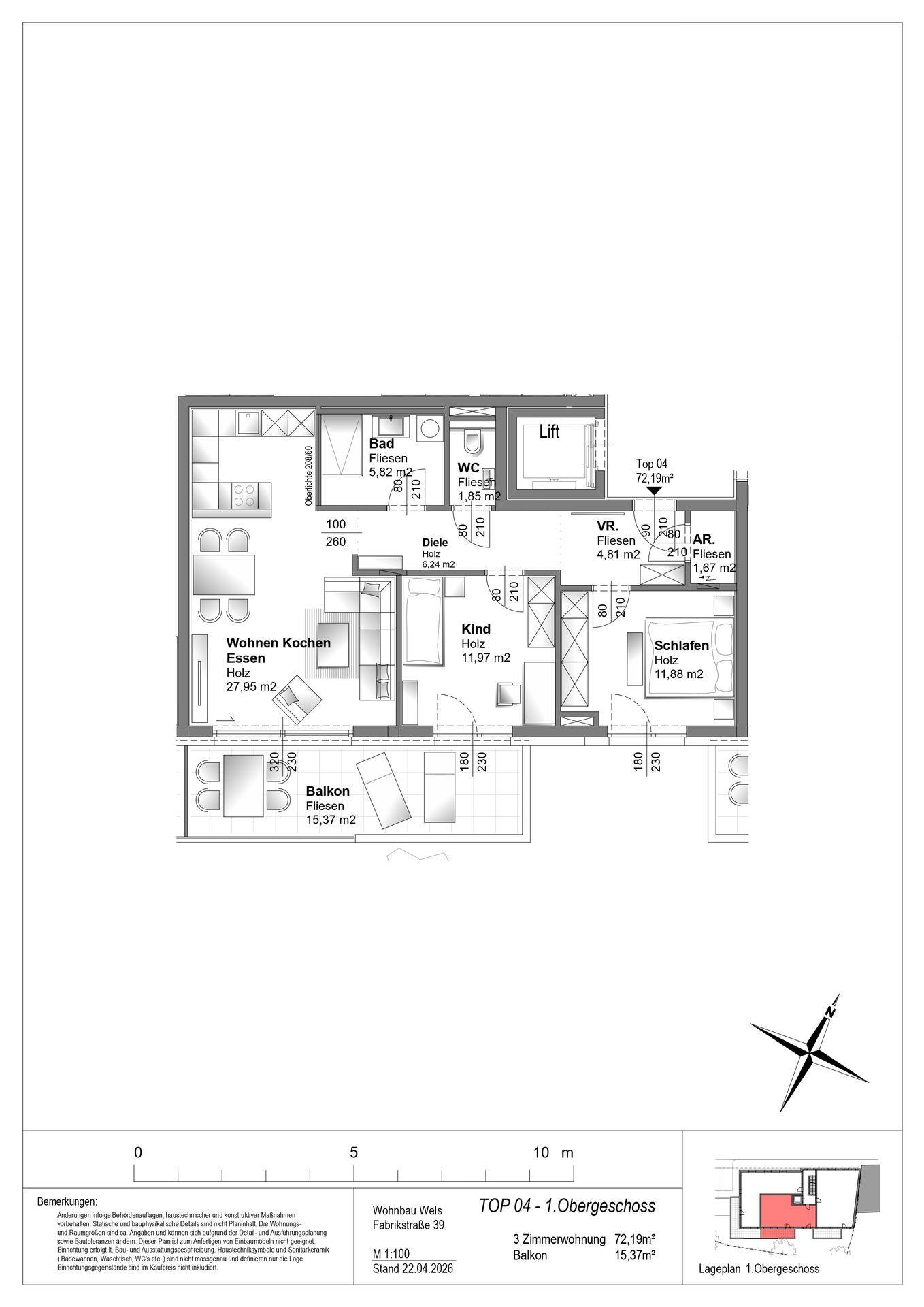 Grundriss einer 3-Zimmer-Wohnung im Obergeschoss mit offenem Wohnbereich und Balkon.