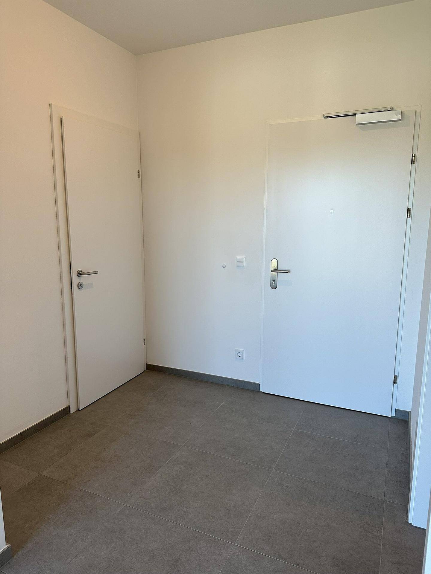 Eingangsbereich mit Fliesenboden und zwei weißen Türen, modern und funktional gestaltet.