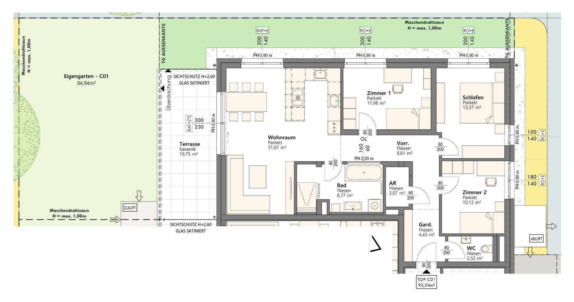 Detaillierter Grundriss einer Wohnung mit Garten, Terrasse und drei Zimmern.
