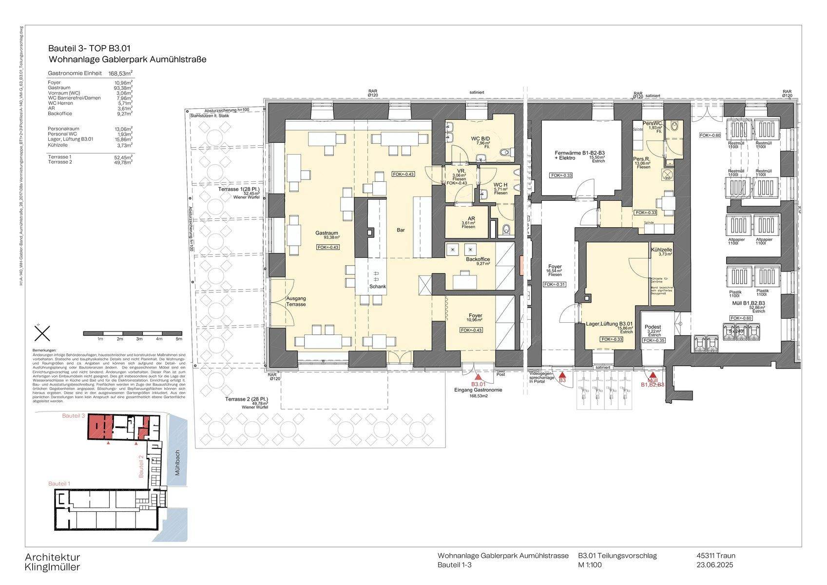 Detaillierter Grundriss einer Wohnung mit mehreren Zimmern und Terrassenzugang.