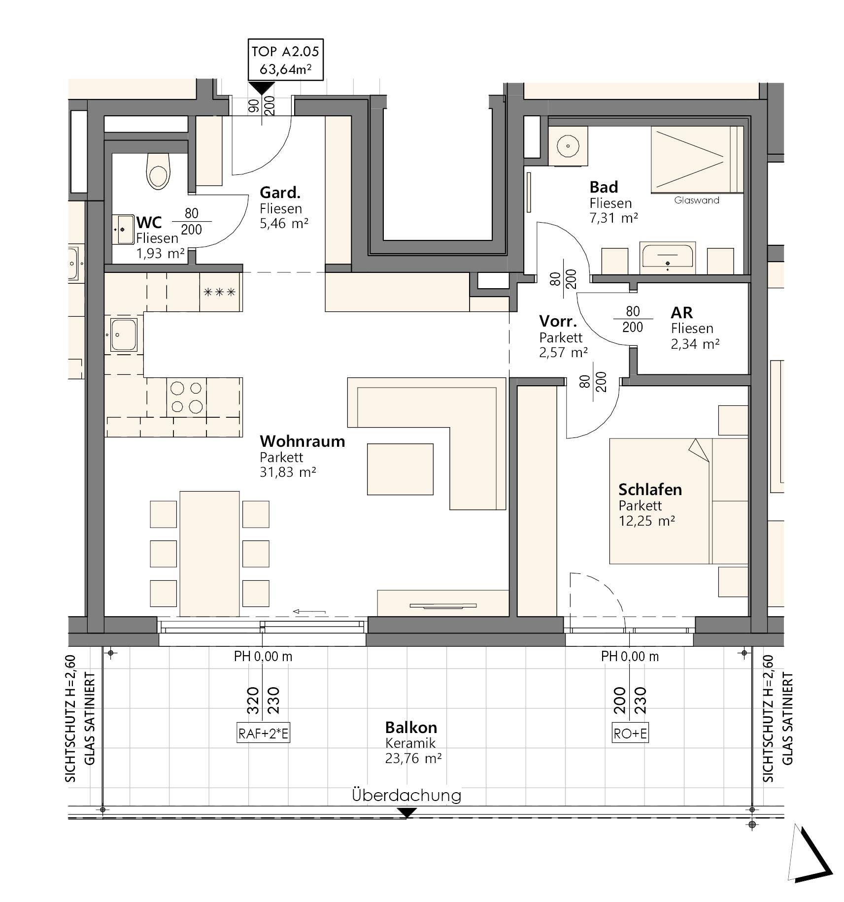 Detaillierter Grundriss einer Wohnung mit Wohnraum, Schlafzimmer, Bad und Balkon.