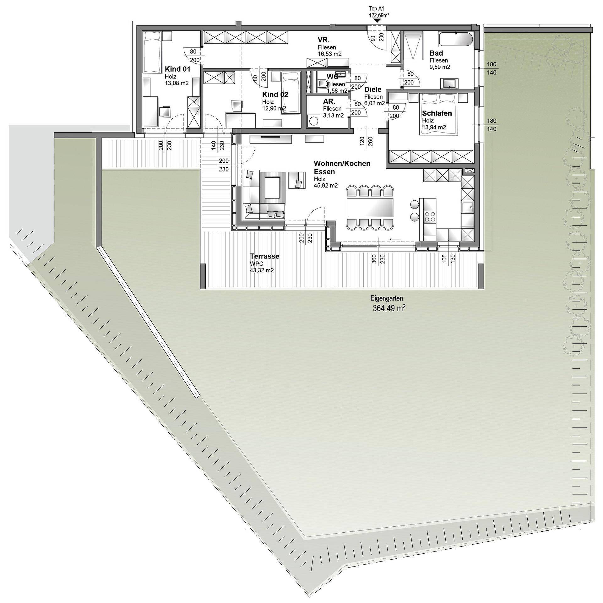 Detaillierter Grundriss einer Wohnung mit offenem Wohnbereich, drei Schlafzimmern, Terrasse und eigenem Garten.