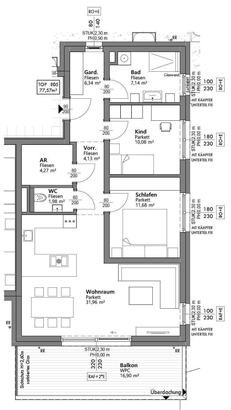 Grundriss einer Wohnung mit Wohnraum, Schlafzimmer, Kinderzimmer, Bad und Balkon.