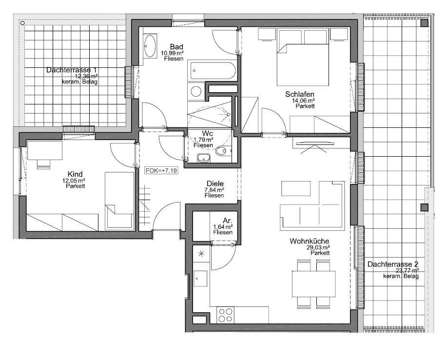 Grundriss einer Dreizimmerwohnung mit zwei Dachterrassen, offenem Wohnbereich und separatem WC.