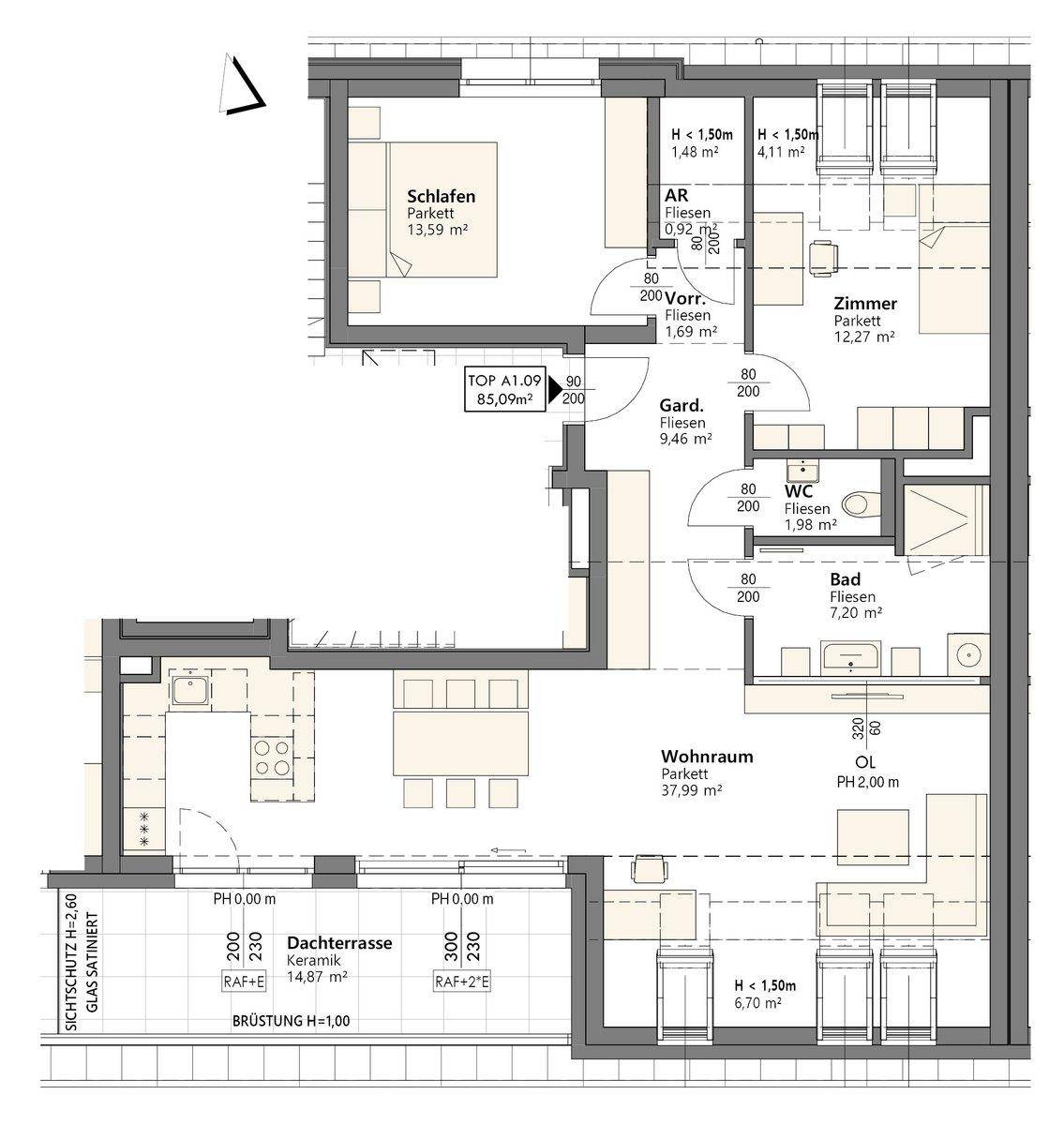 Detaillierter Grundriss einer Wohnung mit drei Zimmern, Dachterrasse und klaren Raumaufteilungen.