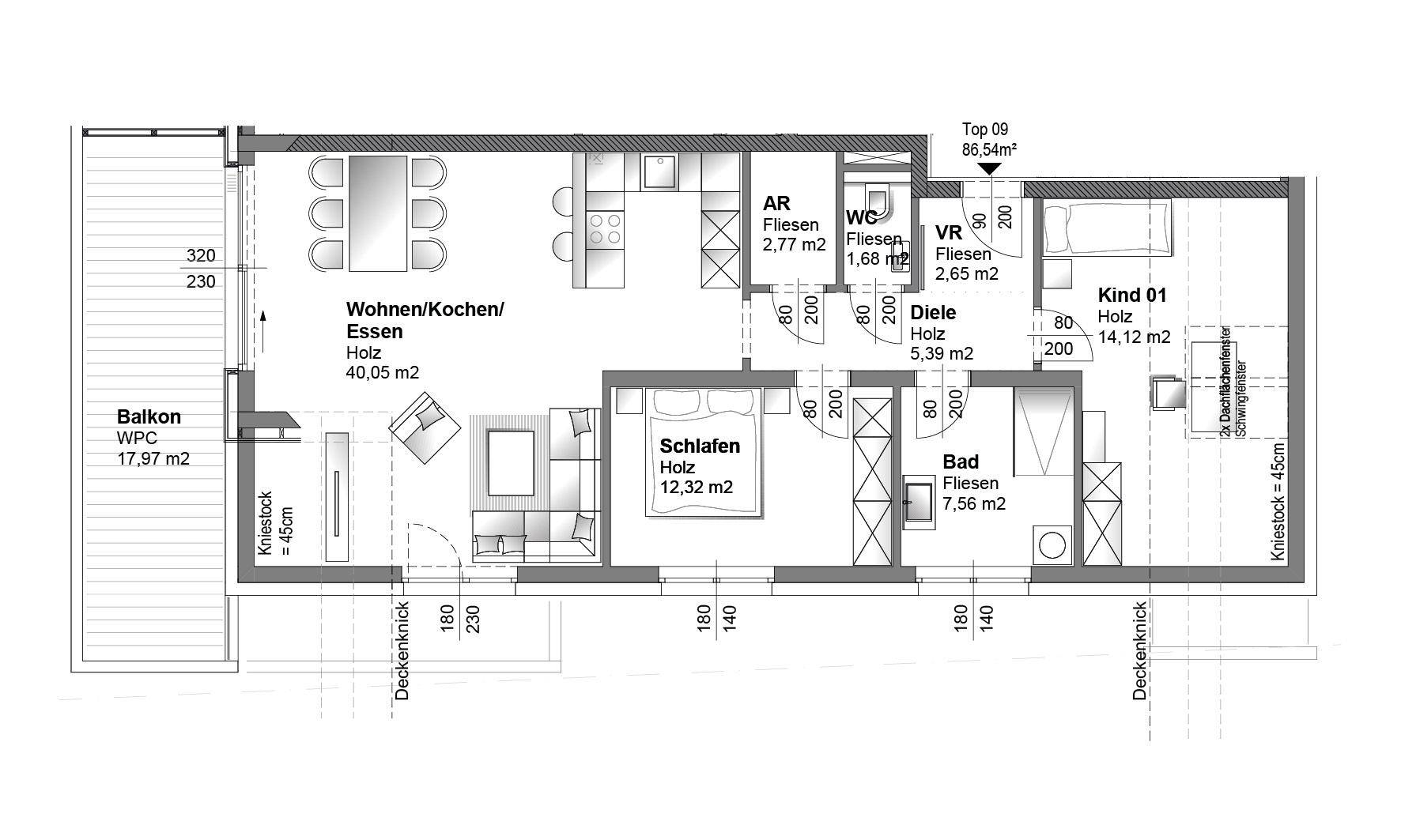 Detaillierter Grundriss einer Wohnung mit Wohn-/Koch-/Essbereich und Balkon.