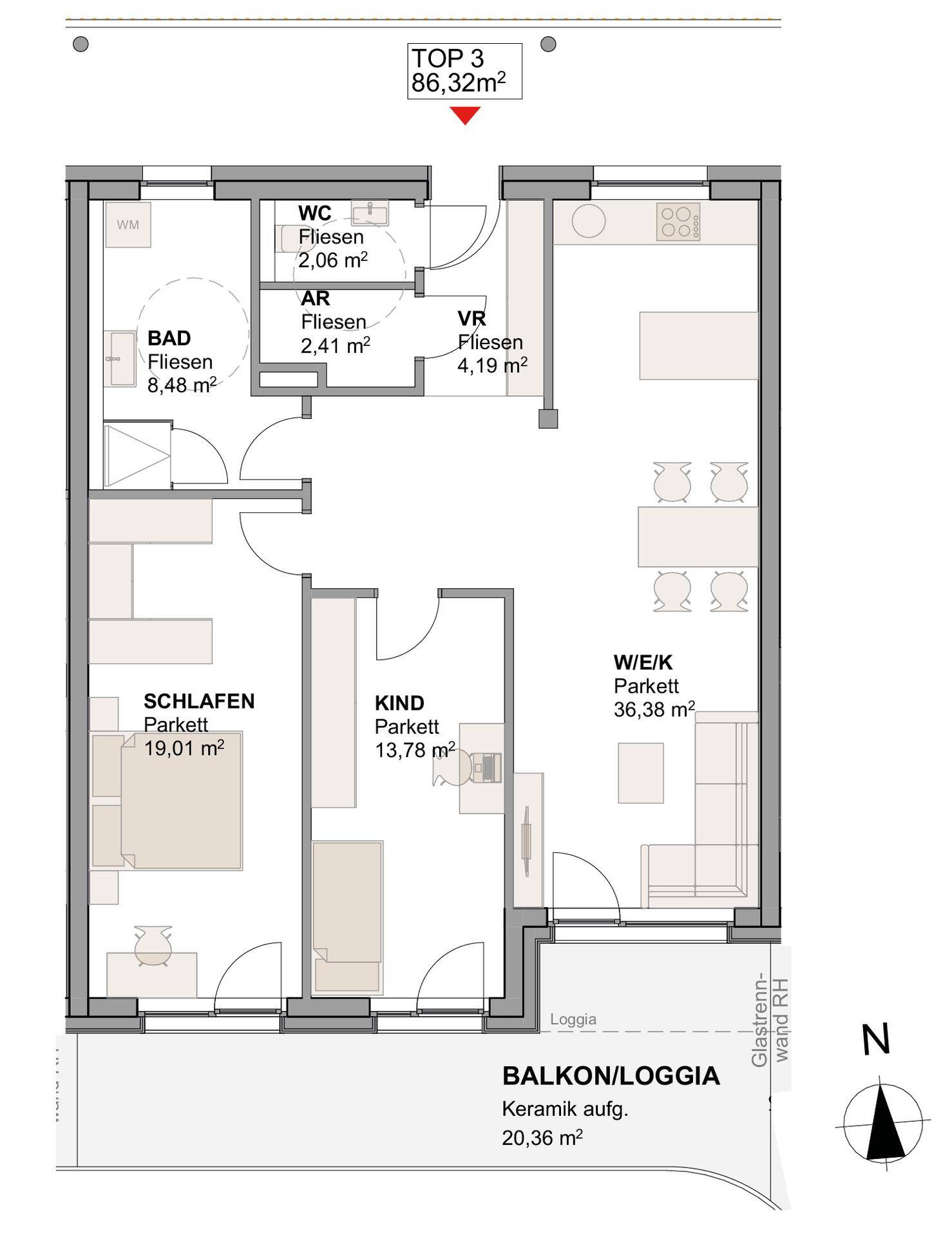 Grundriss einer Wohnung mit offenem Wohnbereich, zwei Schlafzimmern und einer Loggia.