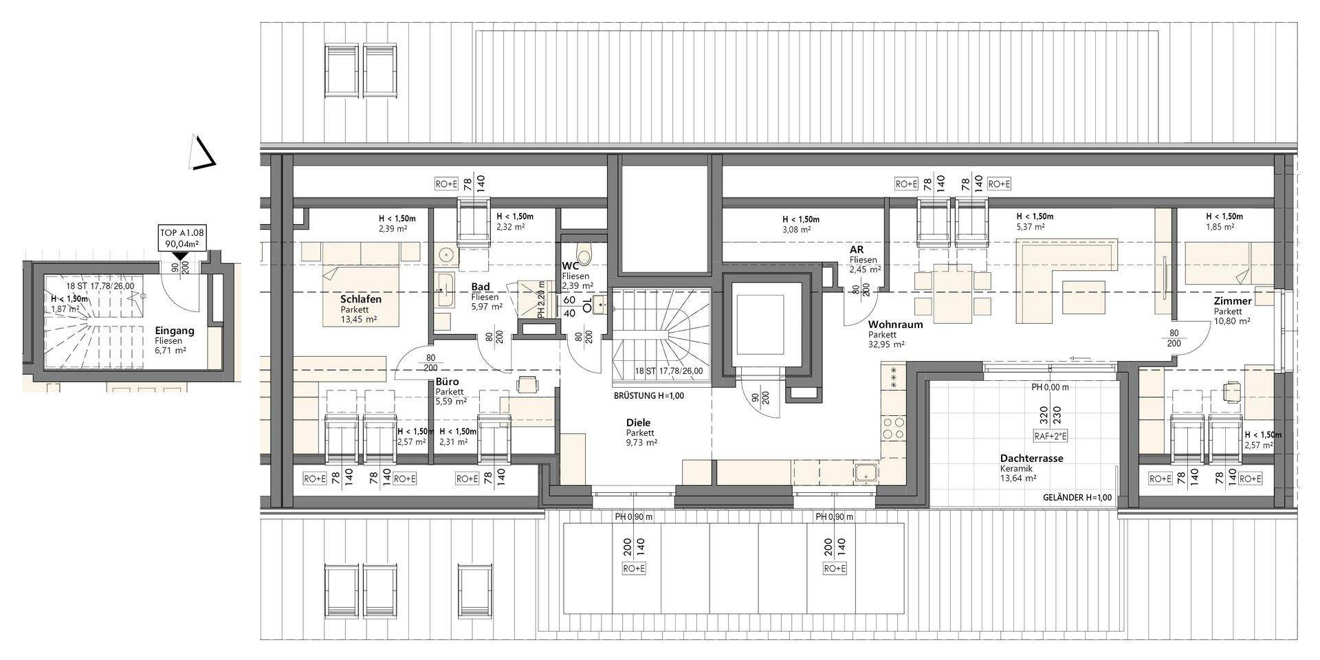 Detaillierter Grundriss einer Dachgeschosswohnung mit mehreren Zimmern und großer Dachterrasse.