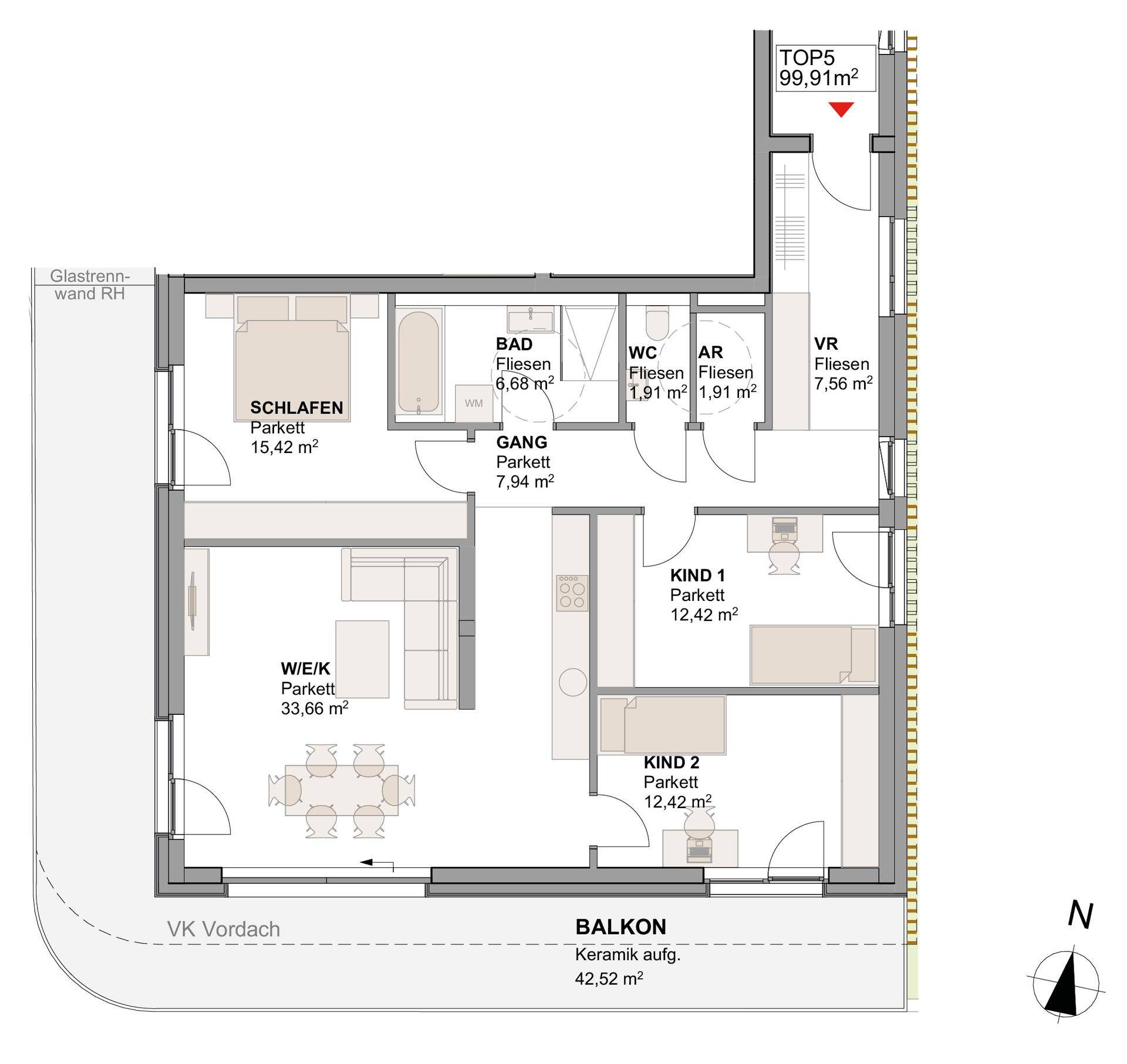 Grundriss einer Wohnung mit drei Zimmern, offenem Wohnbereich und großem Balkon.