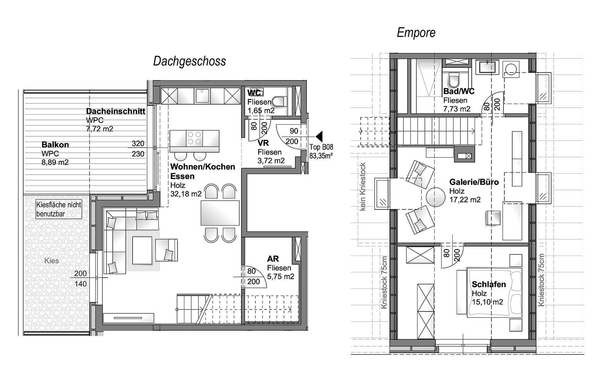 Grundrissplan eines Dachgeschosses und einer Empore mit Wohn-/Kochbereich und Schlafzimmer.