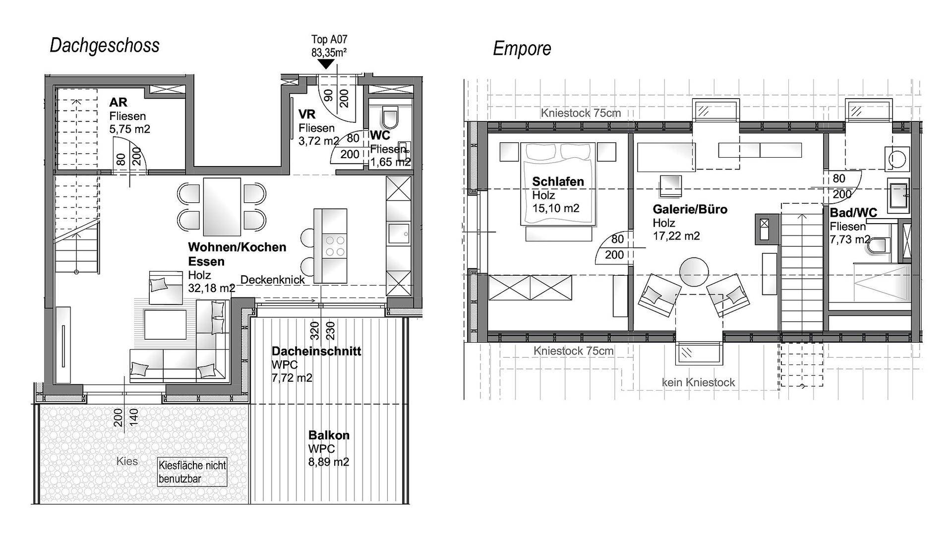 Grundriss einer Maisonette-Wohnung mit Dachgeschoss und offener Galerie.
