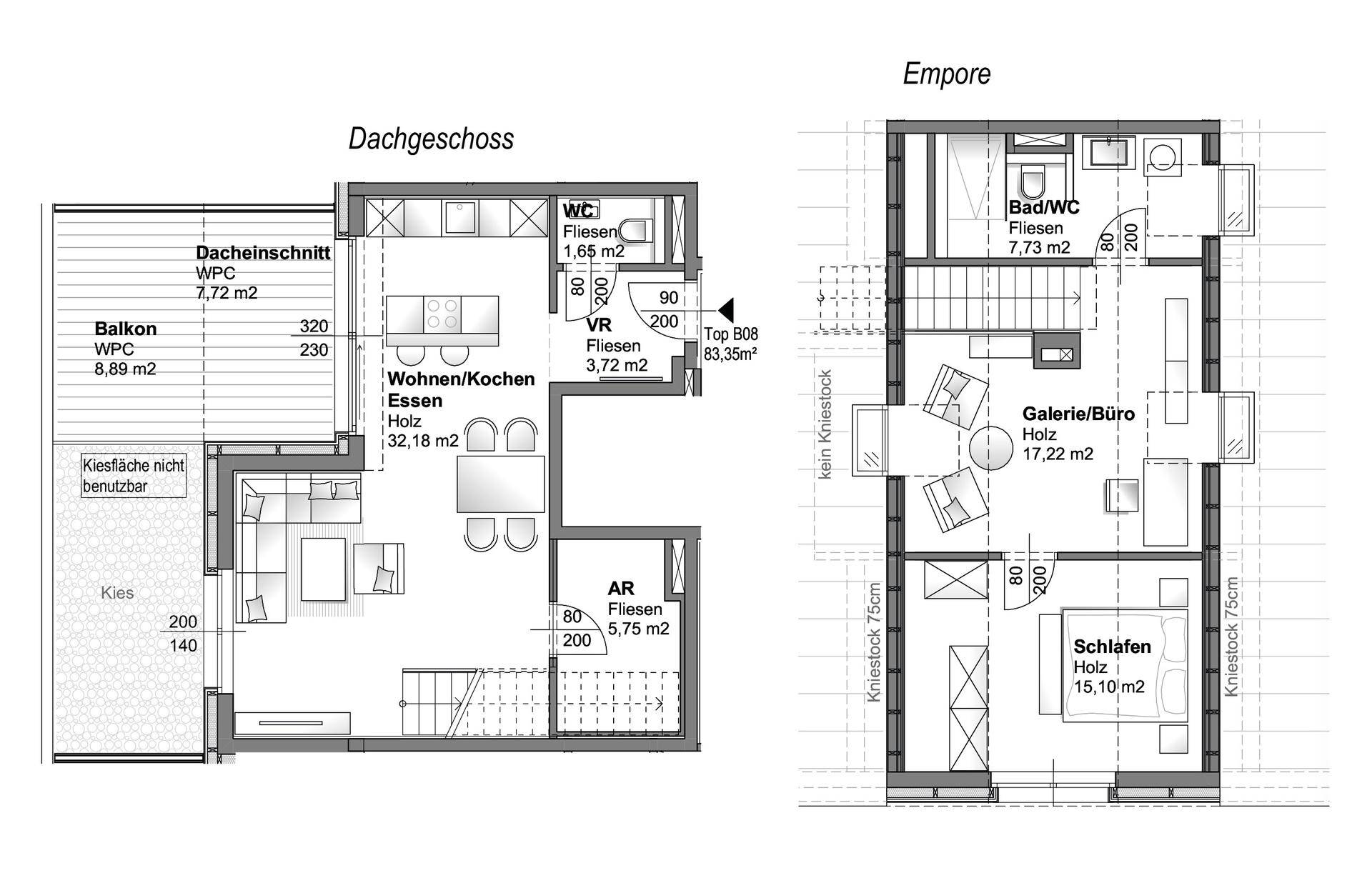 Grundriss des Dachgeschosses und der Empore mit Wohn-/Kochbereich und Schlafzimmer.