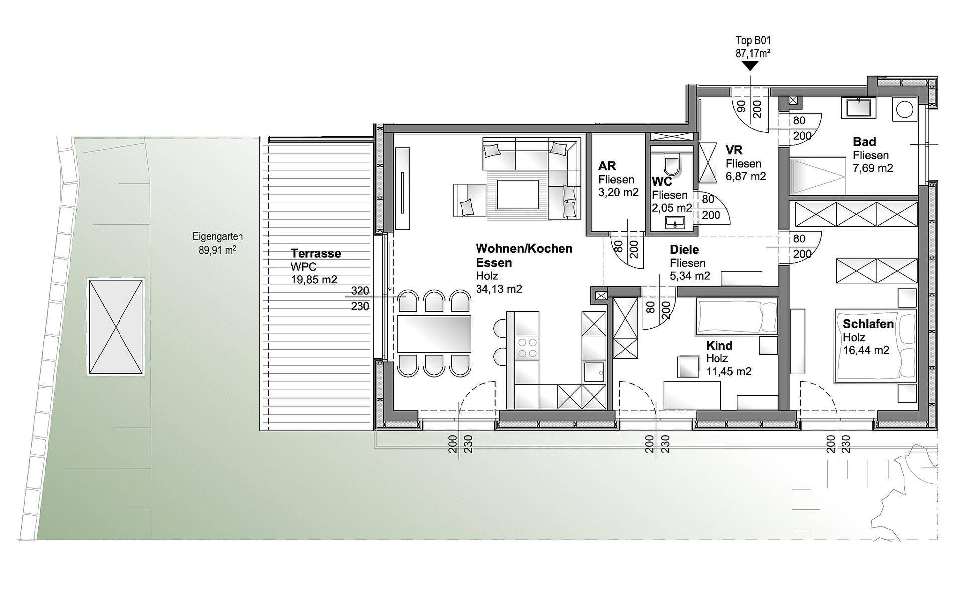 Grundriss einer Wohnung mit Terrasse, Wohn-/Koch-/Essbereich, Schlafzimmer und Bad.