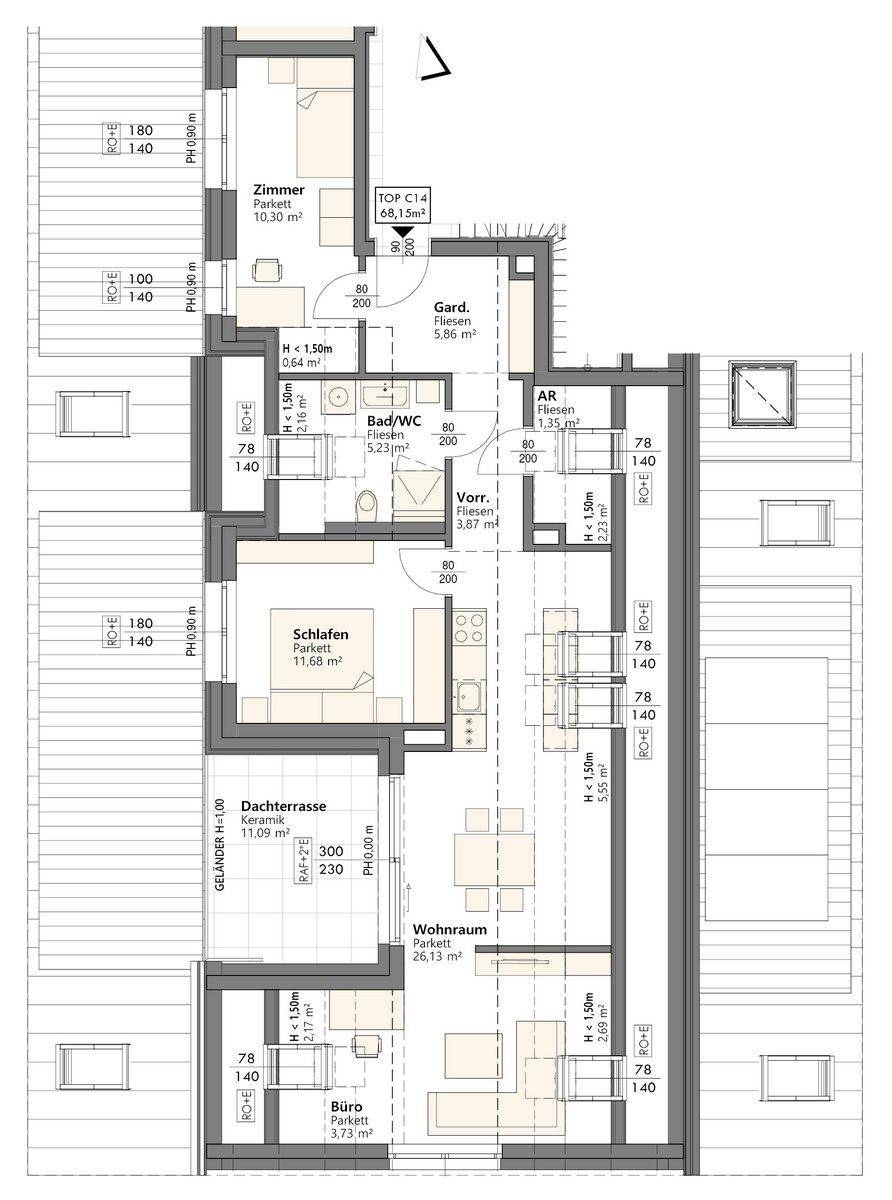Detaillierter Grundriss einer Wohnung mit Dachterrasse, Schlafzimmern und offenem Wohnbereich.