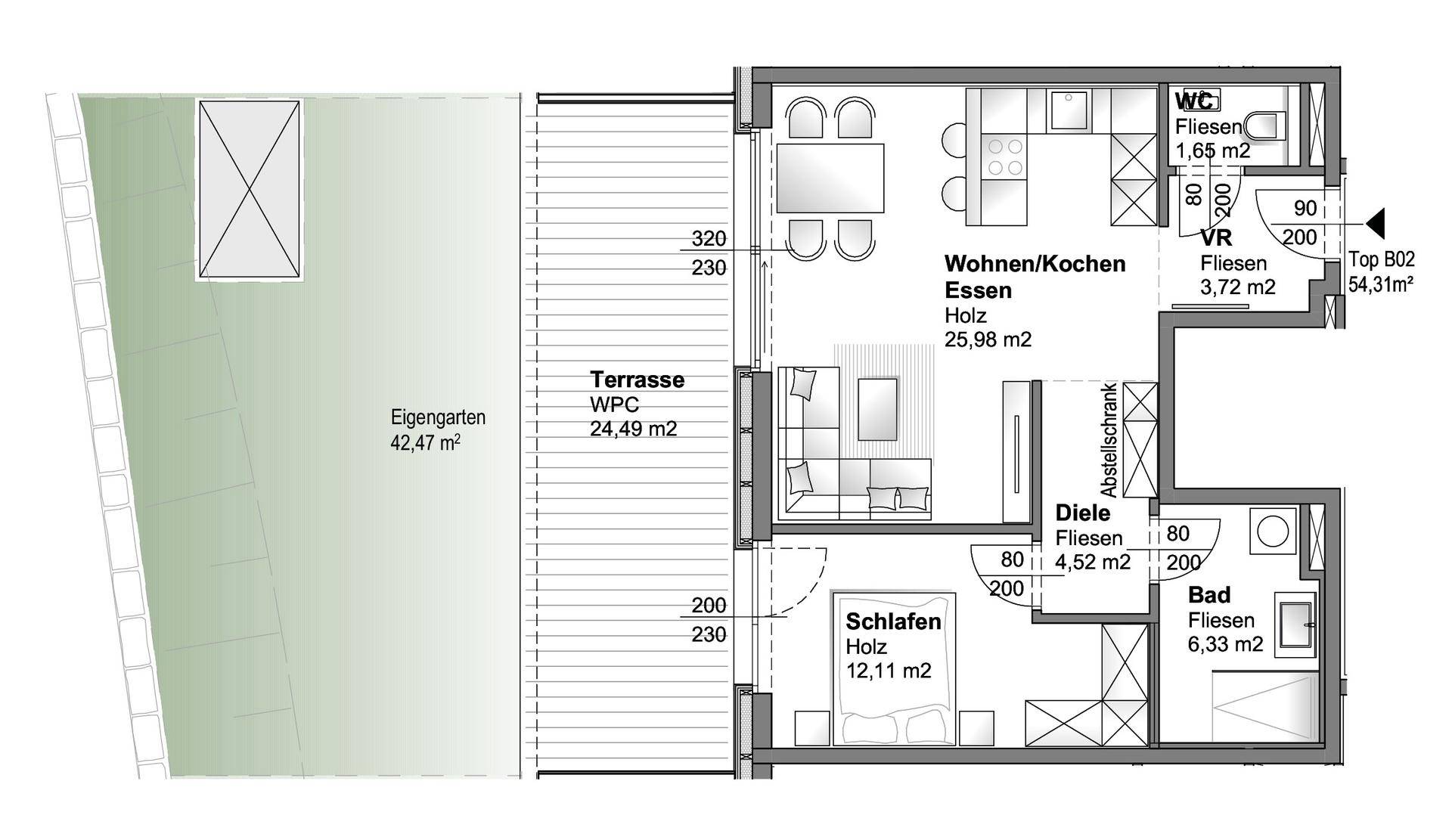 Grundriss einer Wohnung mit Wohn-/Koch-/Essbereich, Schlafzimmer, Bad, WC, Terrasse und Eigengarten.