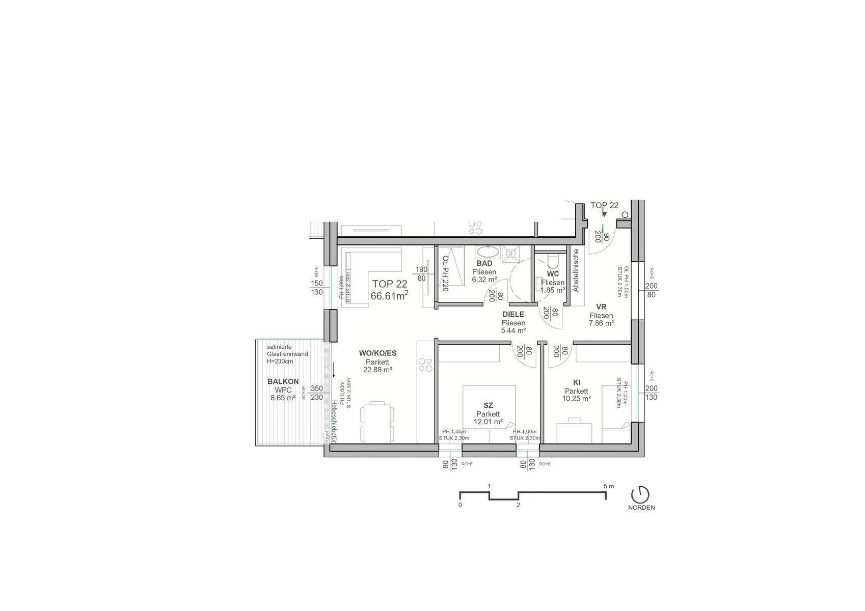 Grundriss der Wohnung TOP 22 mit 66,61m² Wohnfläche, Balkon, Schlafzimmer und offenem Wohnbereich.
