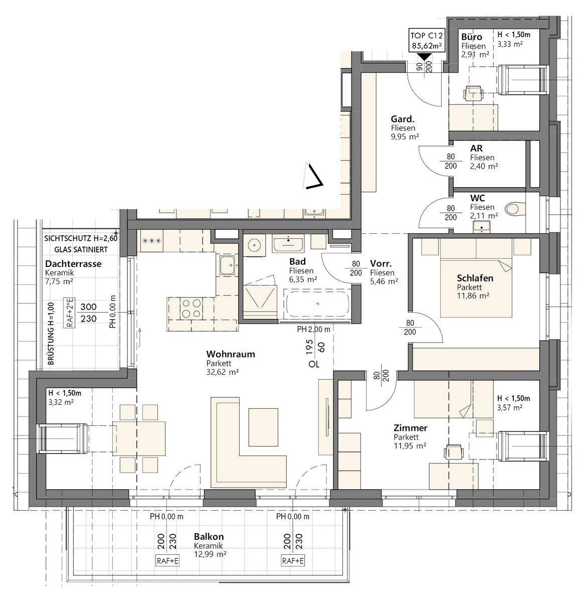 Detaillierter Grundriss einer Wohnung mit Dachterrasse, Balkon und drei Zimmern.