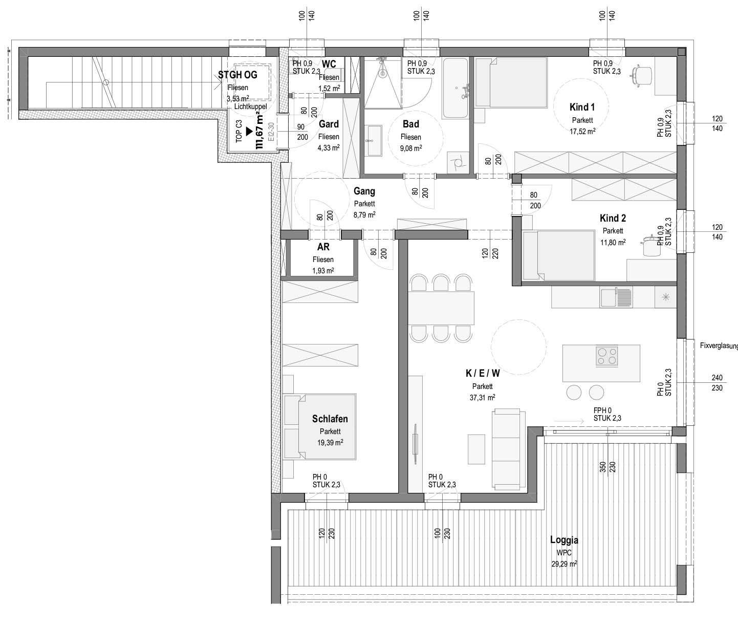 Grundriss einer Wohnung mit drei Schlafzimmern, Loggia und offenem Wohnbereich.