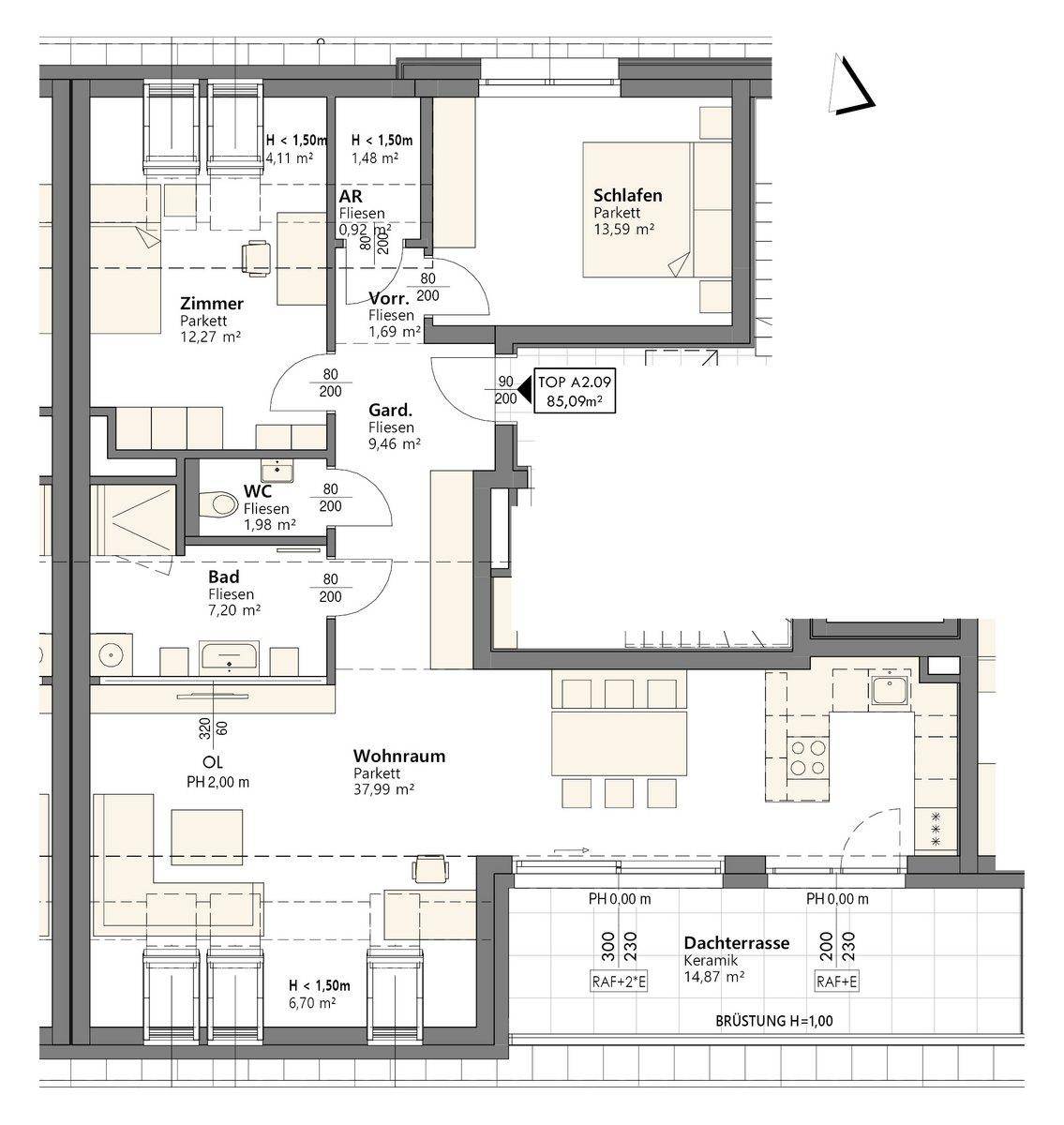Detaillierter Grundriss einer Wohnung mit Dachterrasse, Schlafzimmer, Wohnraum und separatem WC.