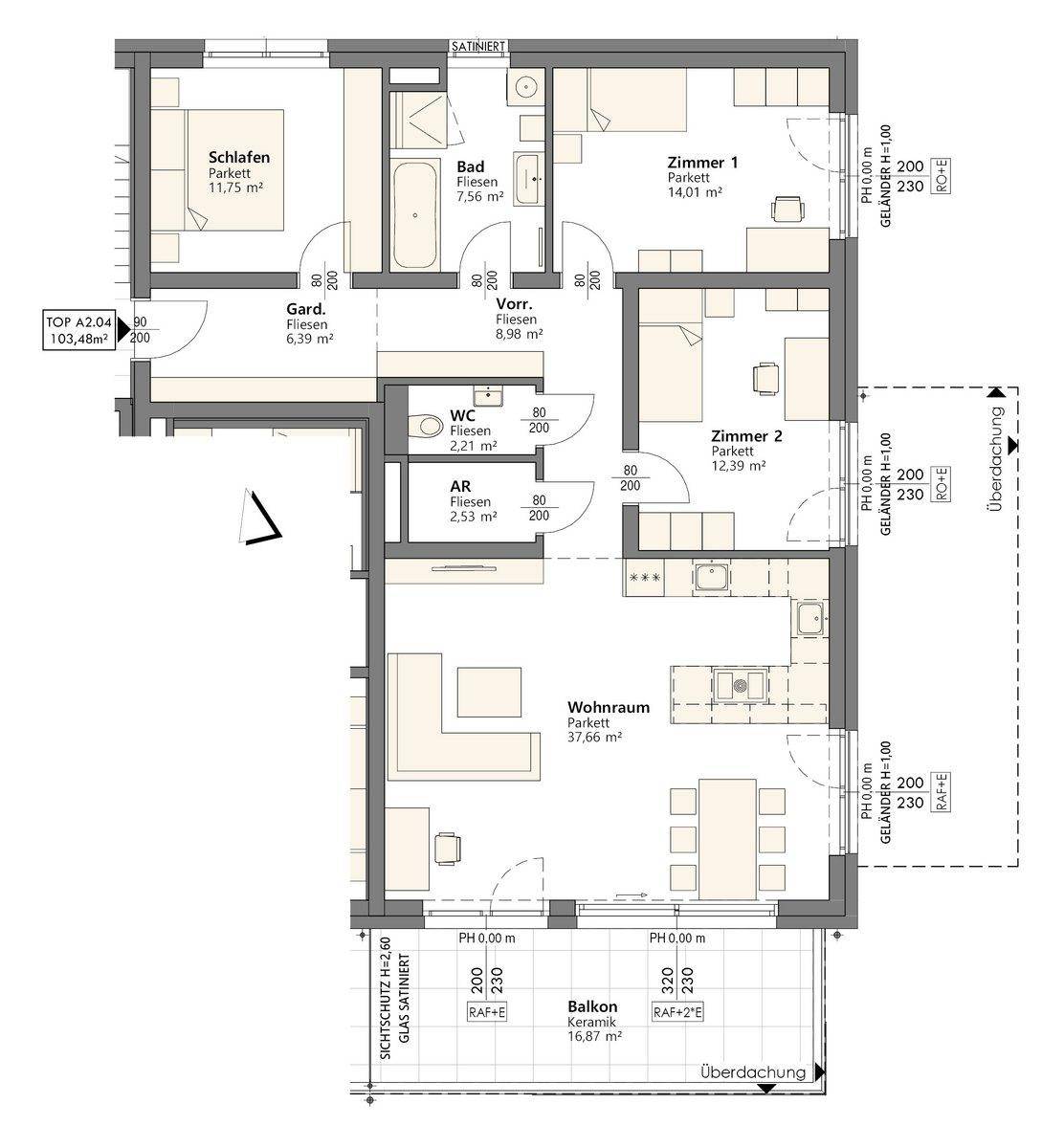 Detaillierter Grundriss einer Wohnung mit drei Zimmern, offenem Wohnbereich und großem Balkon.
