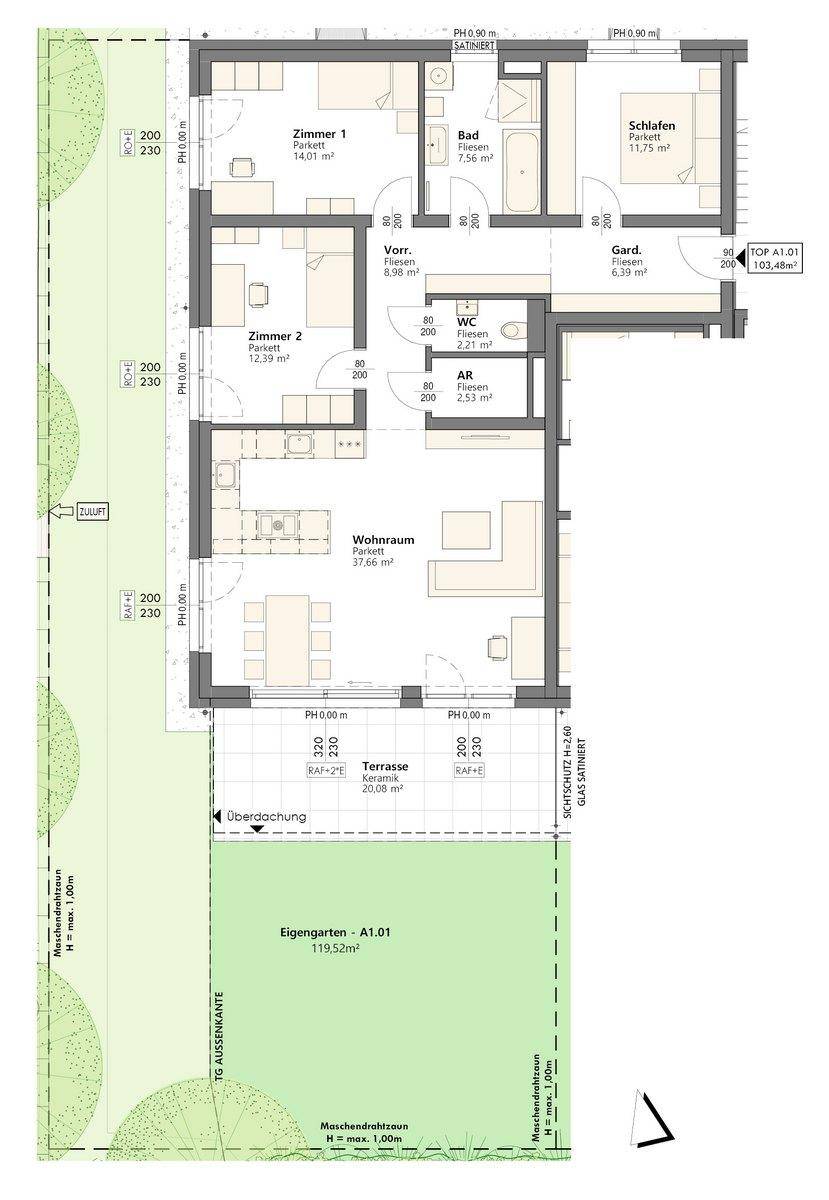 Grundriss einer Wohnung mit drei Zimmern, Terrasse und eigenem Gartenbereich.