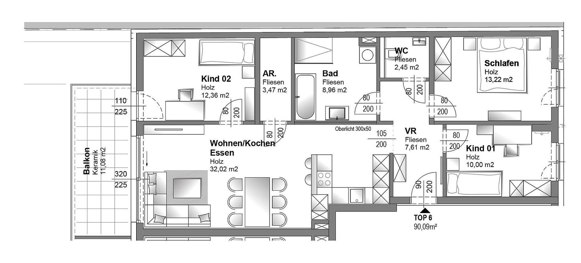 Detaillierter Grundriss einer Wohnung mit offenem Wohnbereich, drei Schlafzimmern und einem Balkon.