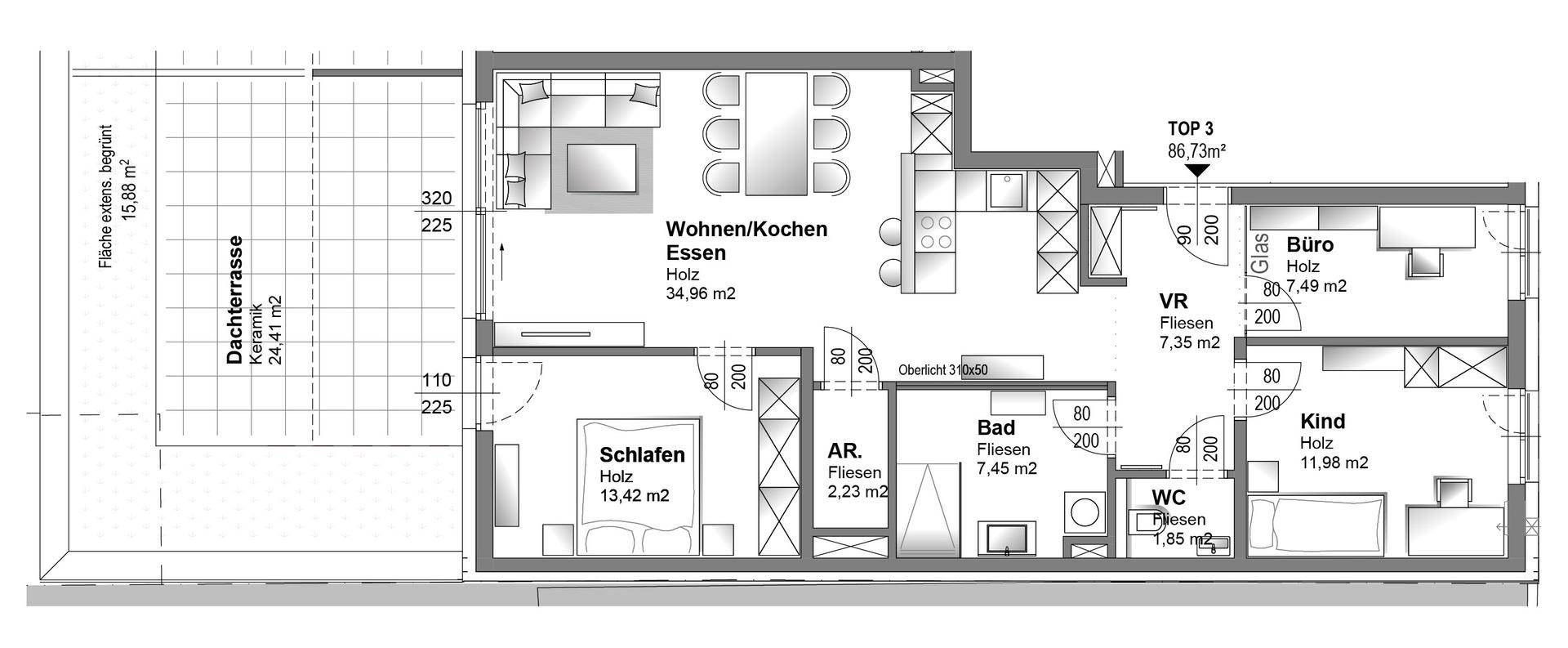 Detaillierter Grundriss einer Wohnung mit offenem Wohnbereich und großer Dachterrasse.