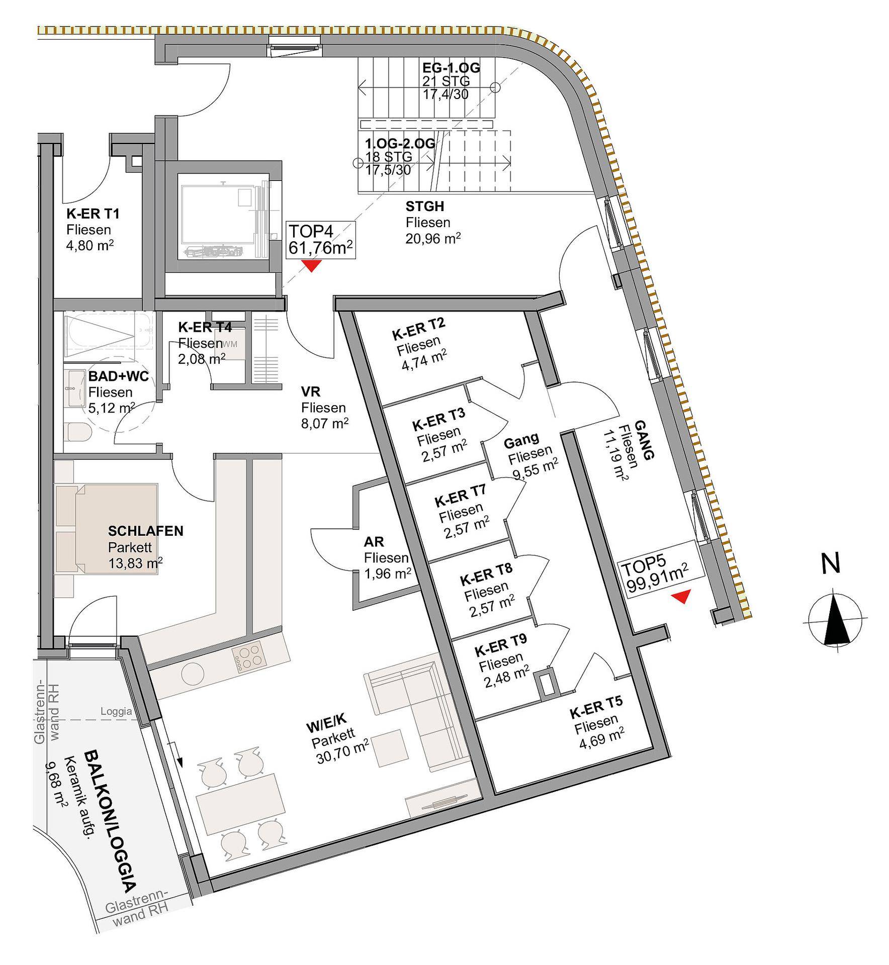 Detaillierter Grundriss einer Wohnung mit offener Wohnküche, Schlafzimmer und Balkonloggia.