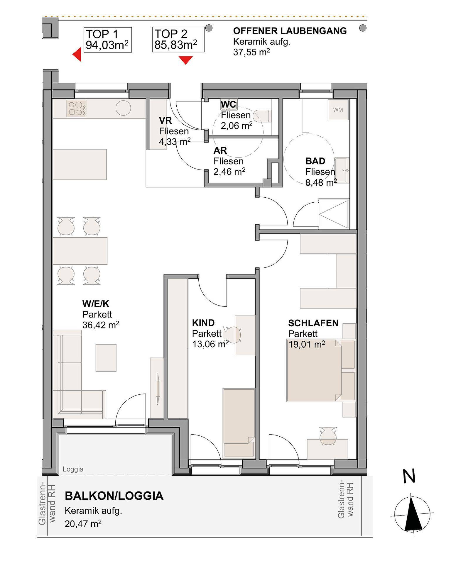 Detaillierter Grundriss einer Wohnung mit offenem Wohnbereich, zwei Schlafzimmern und Loggia.
