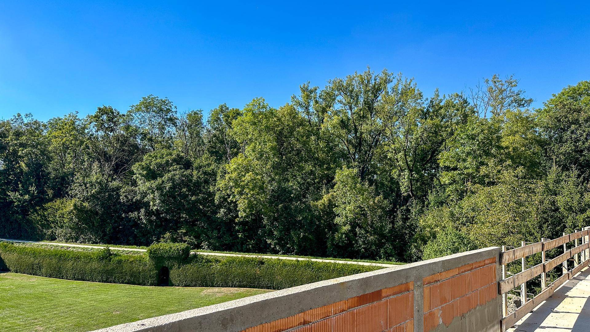 Aussicht von der Baustelle auf eine gepflegte Hecke und dichte Baumreihen im Sonnenschein.
