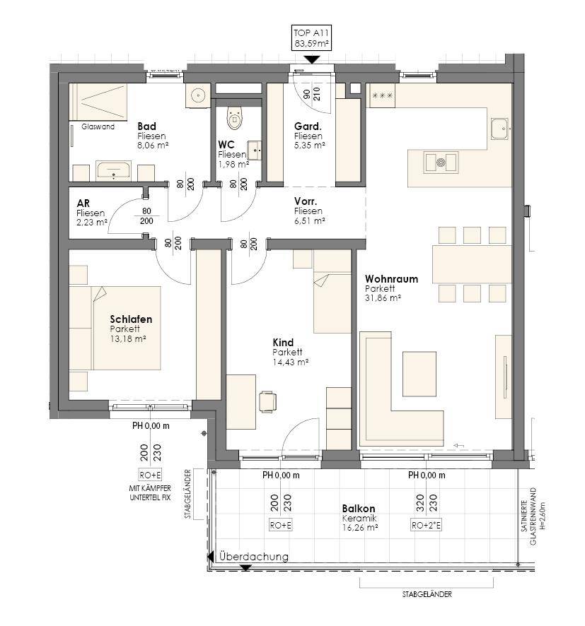 Detaillierter Grundriss einer Wohnung mit drei Zimmern, Bad, WC und großem Balkon.