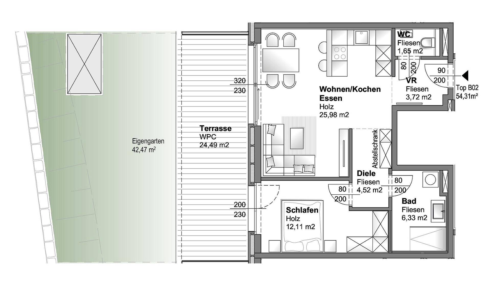Grundriss einer Wohnung mit Terrasse, Garten, Wohnküche, Schlafzimmer und Bad.