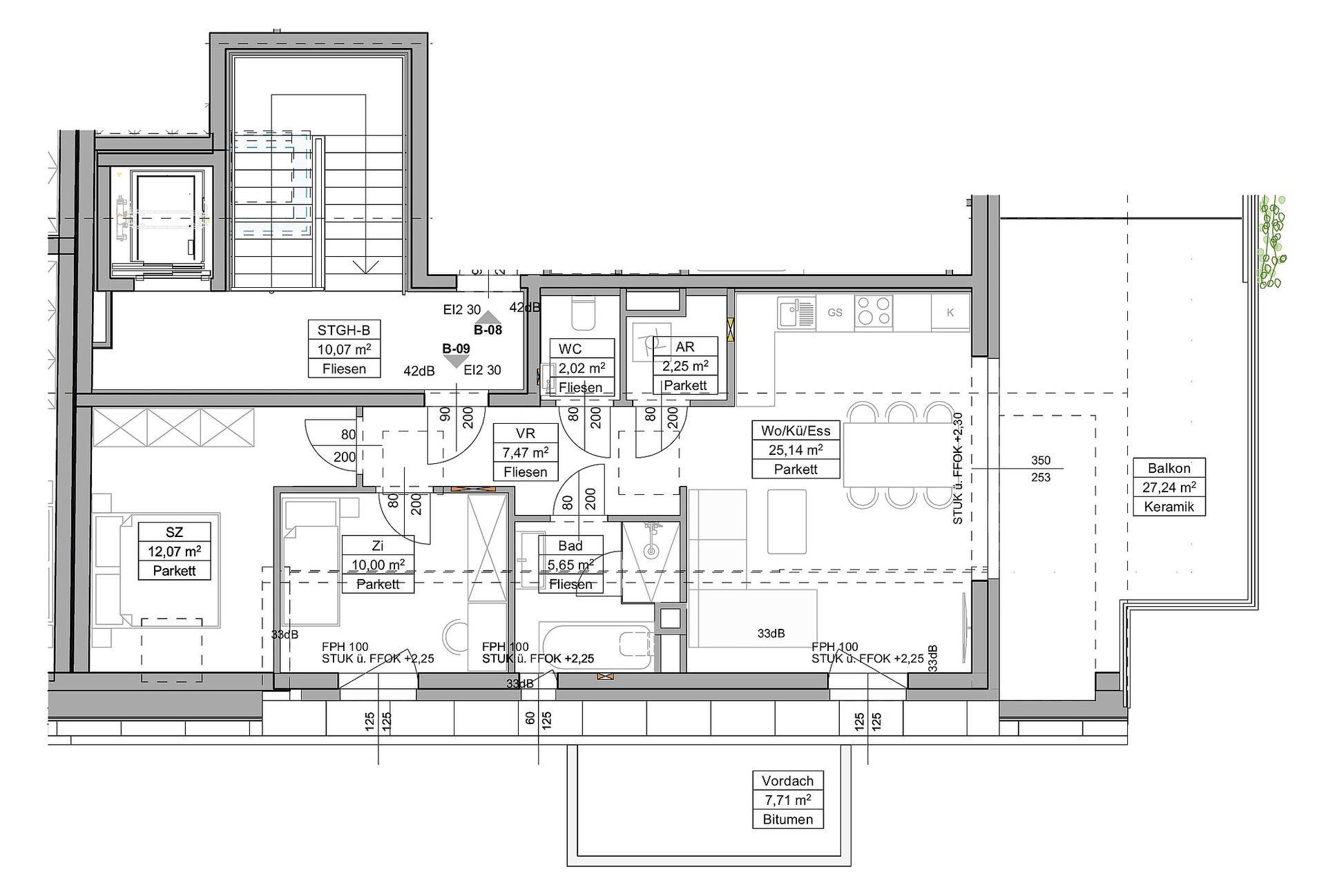 Detaillierter Grundriss einer Wohnung mit offenem Wohn-/Essbereich, zwei Schlafzimmern und großem Balkon.