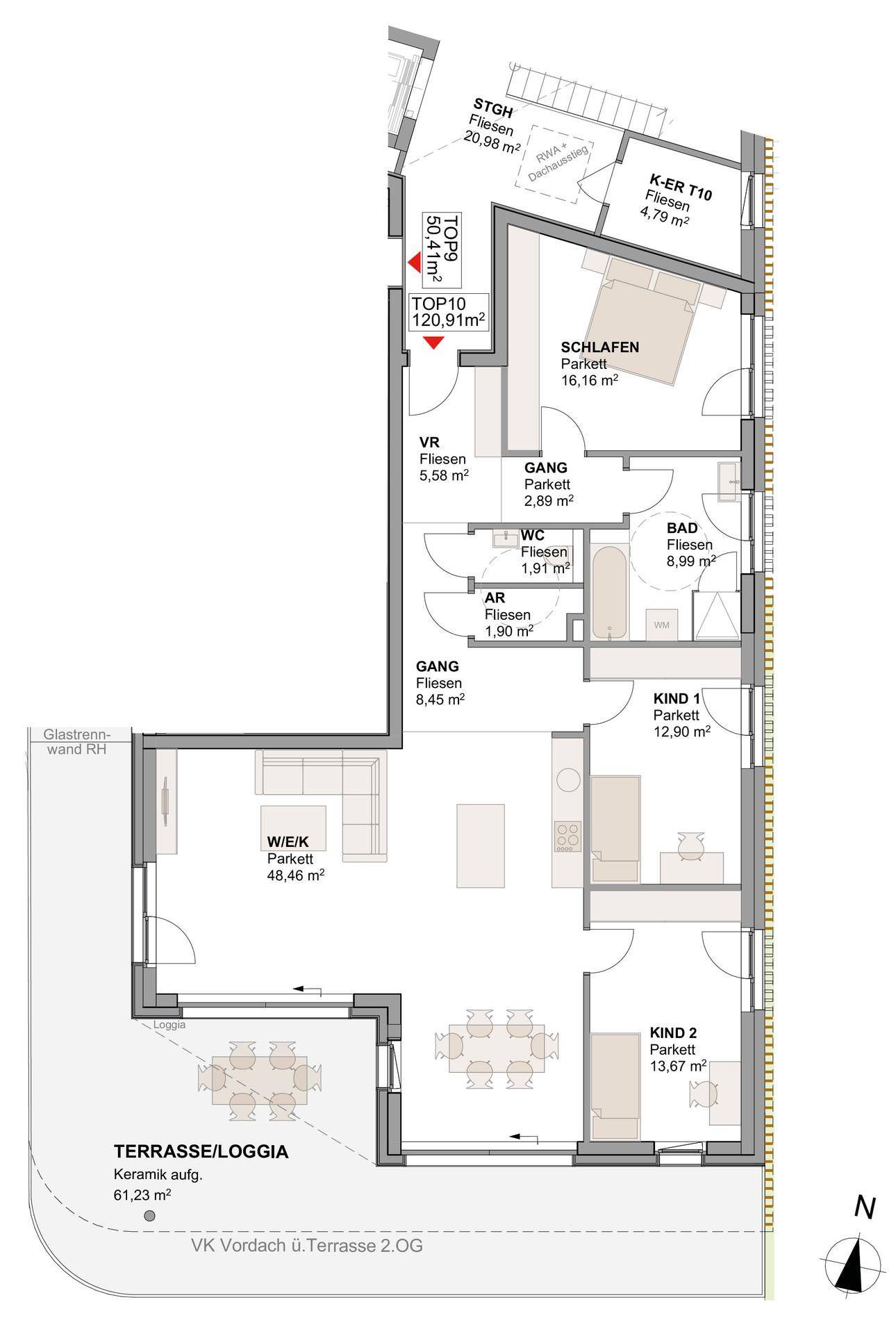 Detaillierter Grundriss einer Wohnung mit drei Schlafzimmern und großer Terrasse/Loggia.