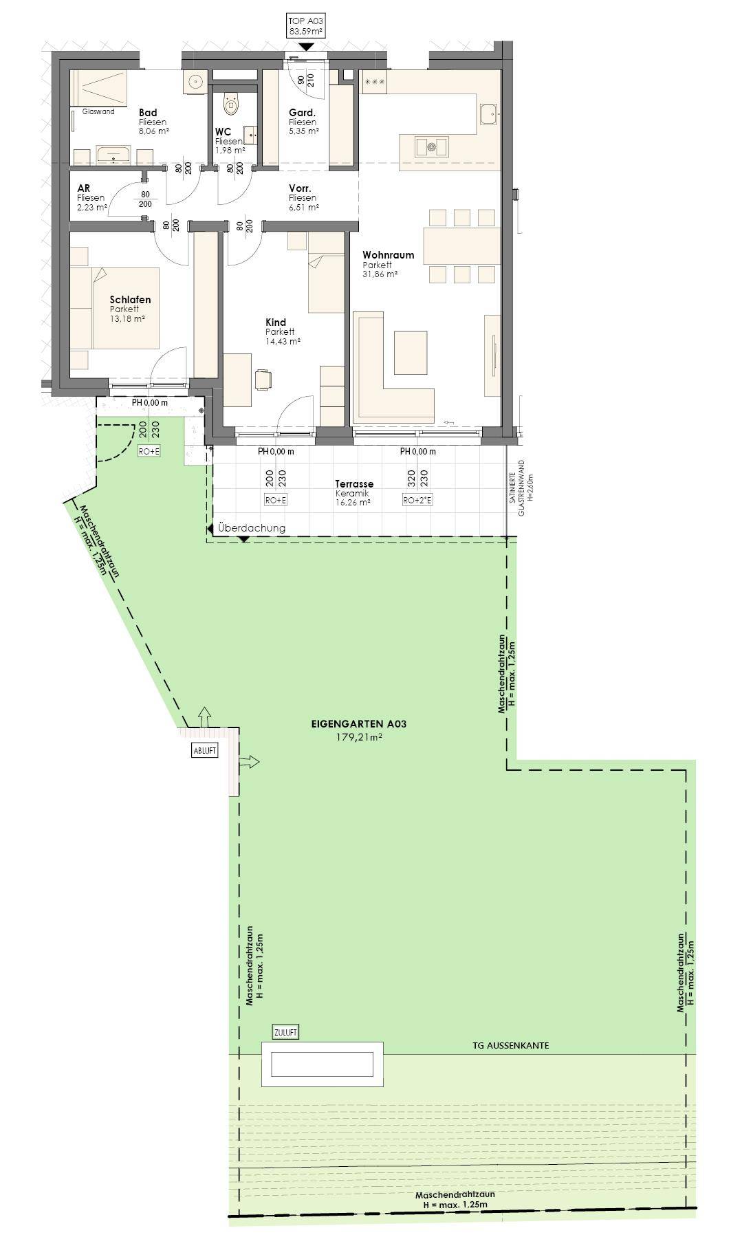 Grundriss einer Wohnung mit drei Zimmern, Terrasse und großem Eigengarten.