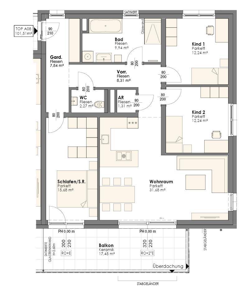 Detaillierter Grundriss einer Wohnung mit vier Zimmern, Bad, separatem WC und großem Balkon.