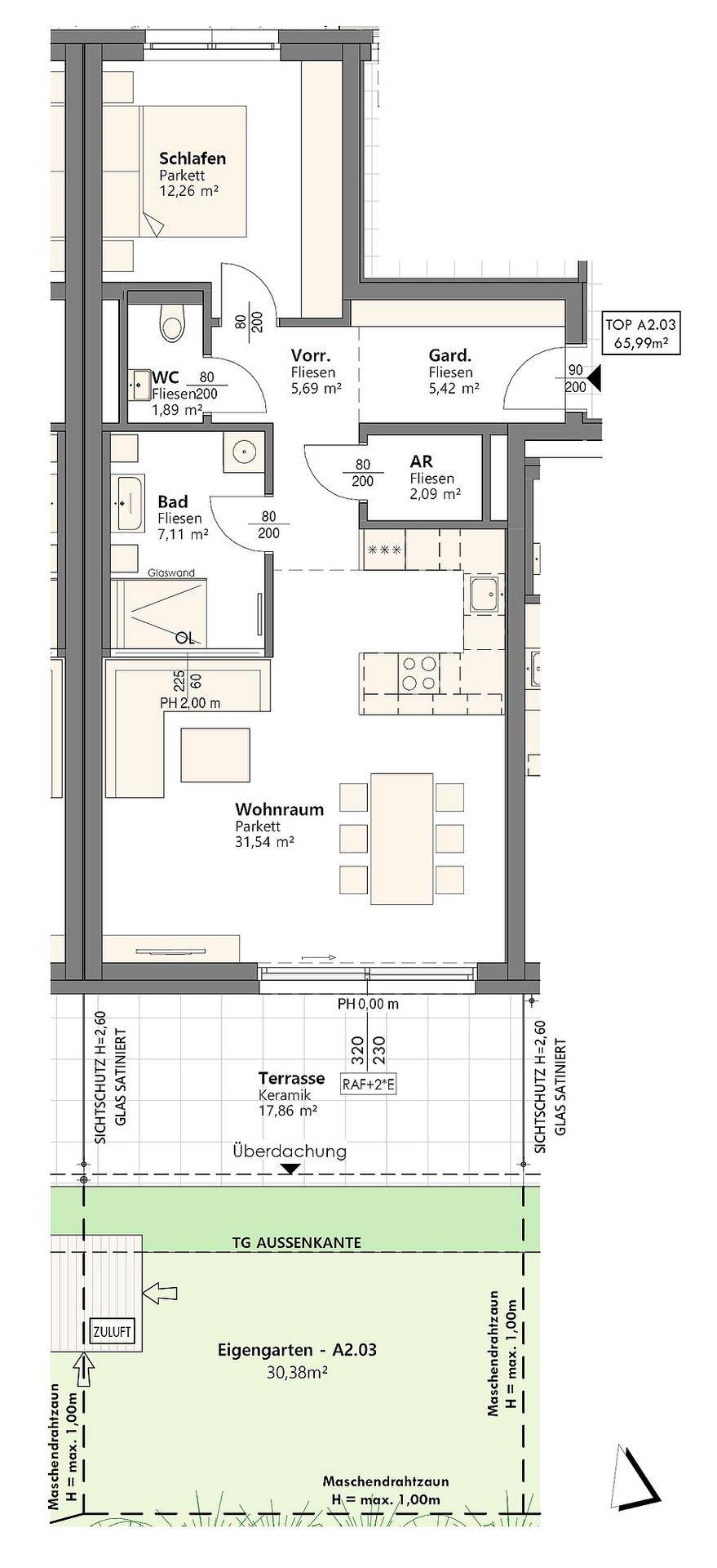 Grundriss einer Wohnung mit offenem Wohnbereich, Schlafzimmer, Bad, separatem WC, Terrasse und eigenem Garten.