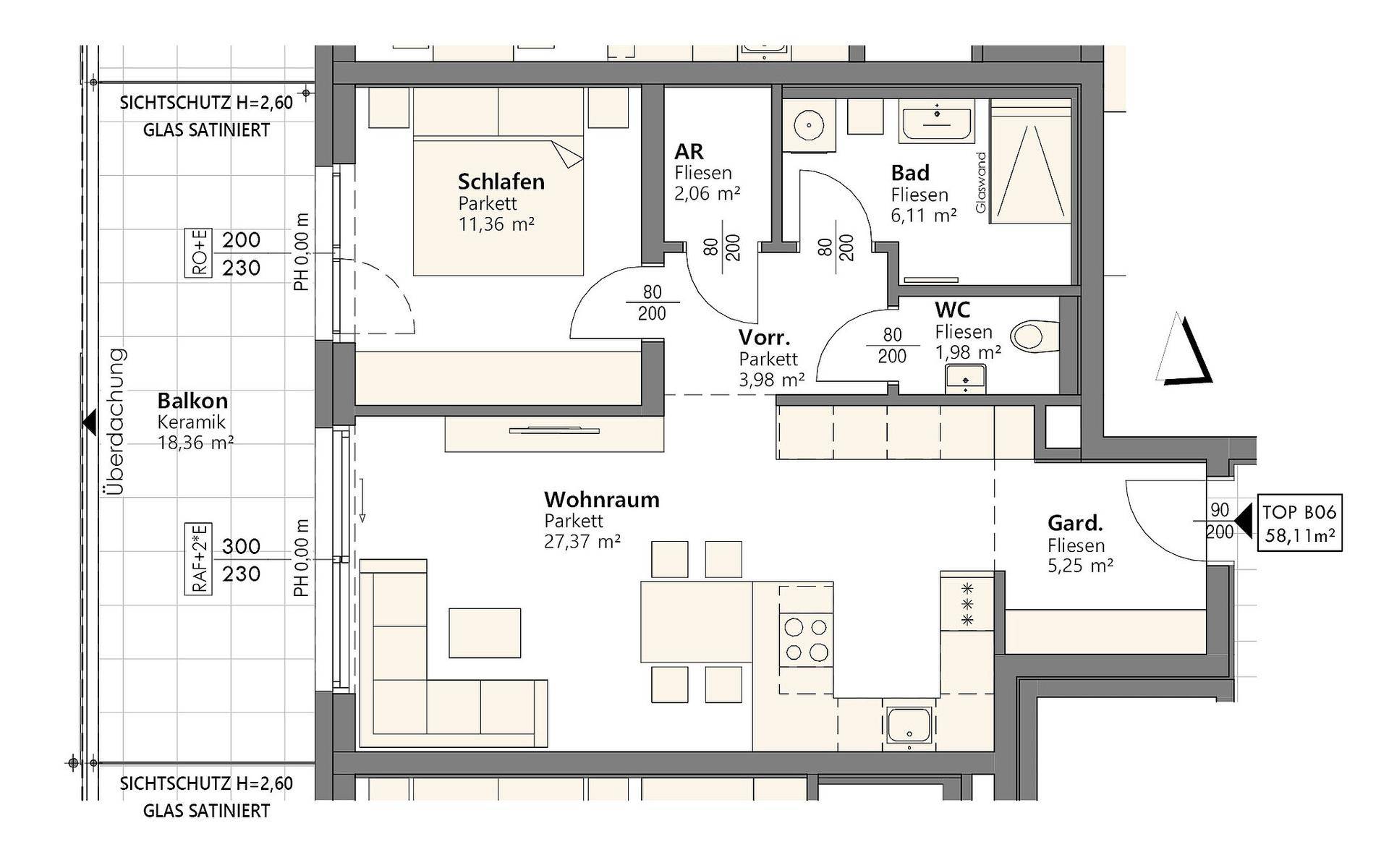 Grundriss einer Wohnung mit einem Schlafzimmer, offenem Wohnbereich, separatem WC und großem Balkon.
