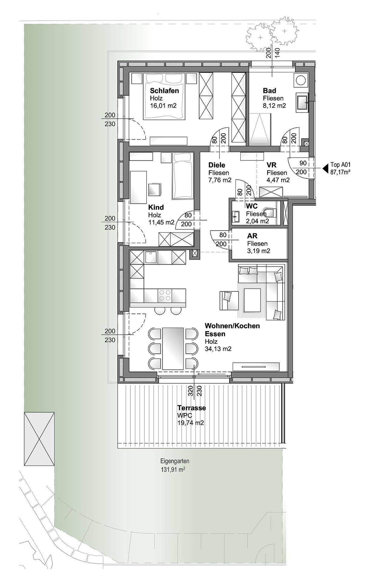 Detaillierter Grundriss einer Wohnung mit drei Zimmern, Terrasse und Gartenanteil.