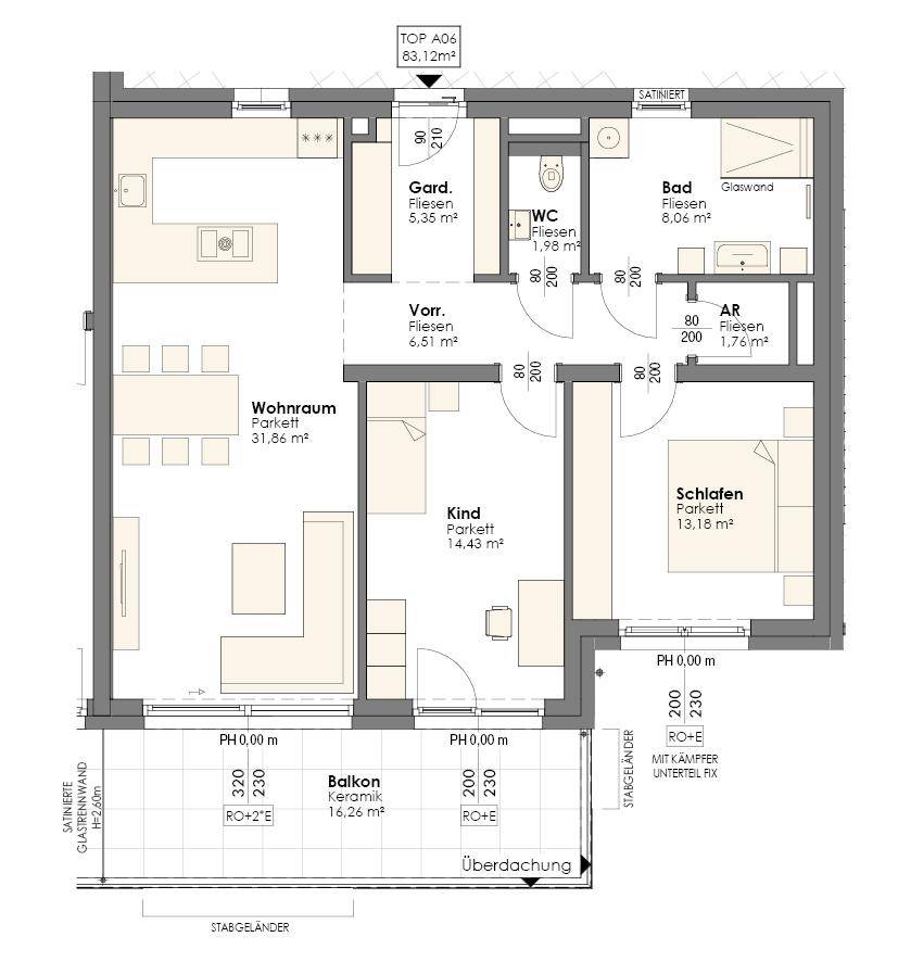 Detaillierter Grundriss einer 3-Zimmer-Wohnung mit Balkon, separatem WC und Abstellraum.