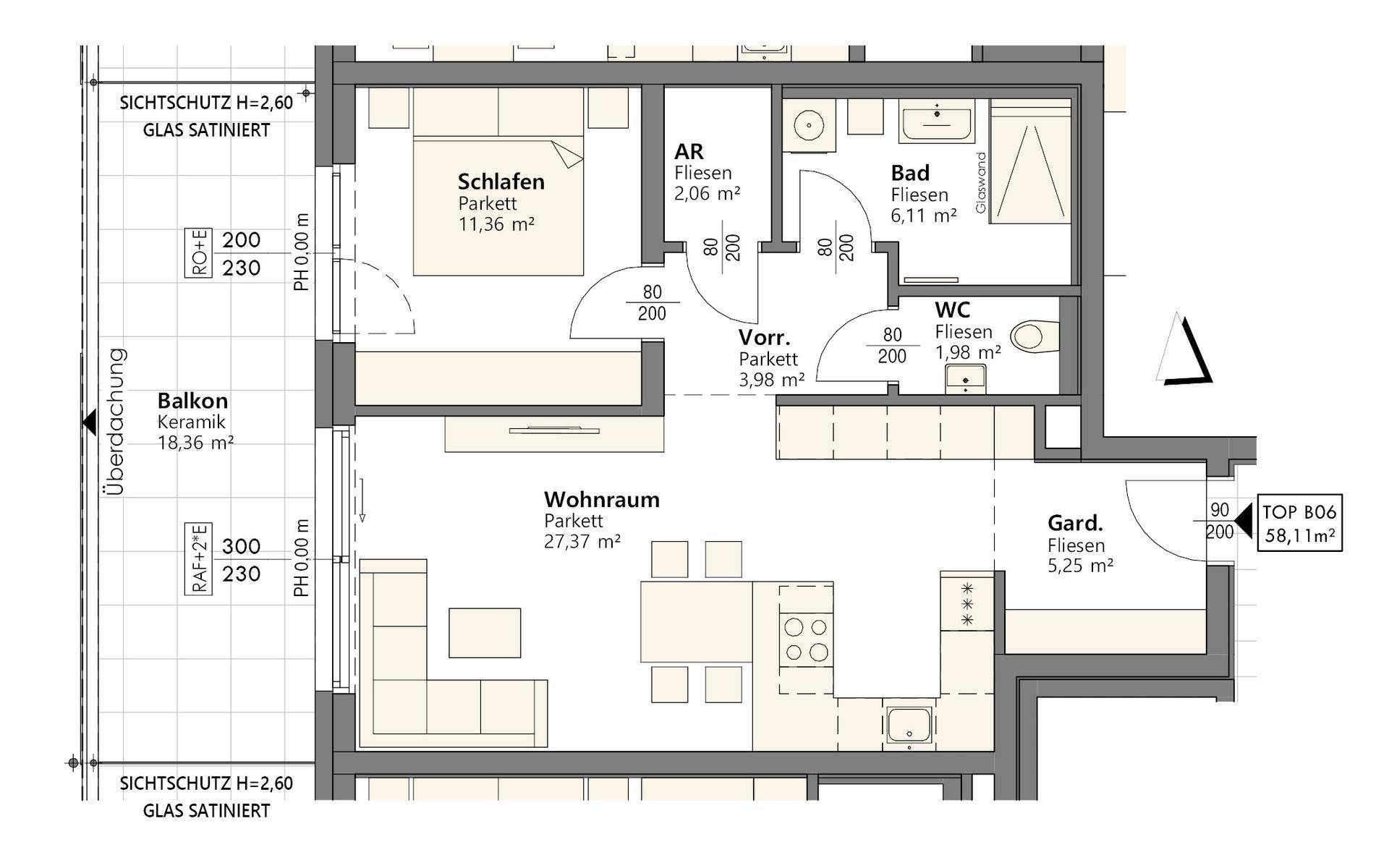 Detaillierter Grundriss einer Wohnung mit Schlafzimmer, Bad, WC und großem Balkon.
