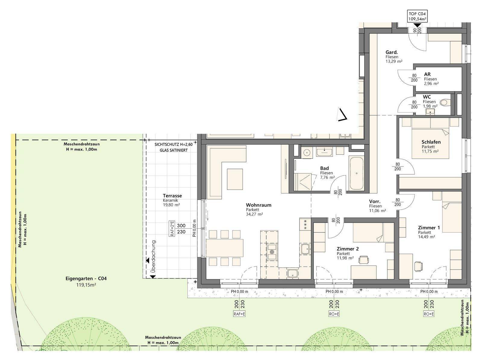 Detaillierter Grundriss einer Wohnung mit drei Zimmern, Terrasse und eigenem Garten.