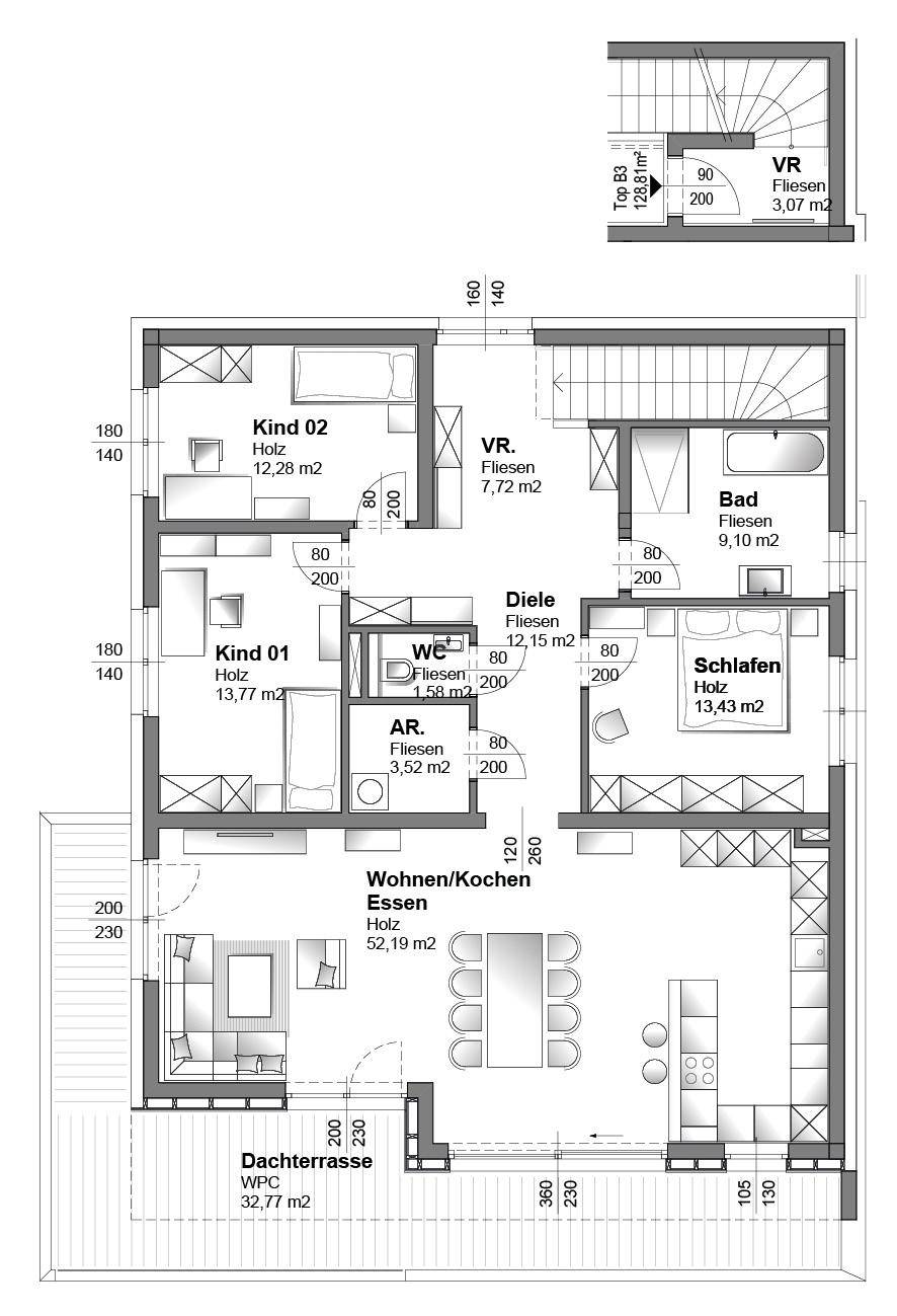 Detaillierter Grundriss einer Wohnung mit drei Schlafzimmern, Bad und großer Dachterrasse.